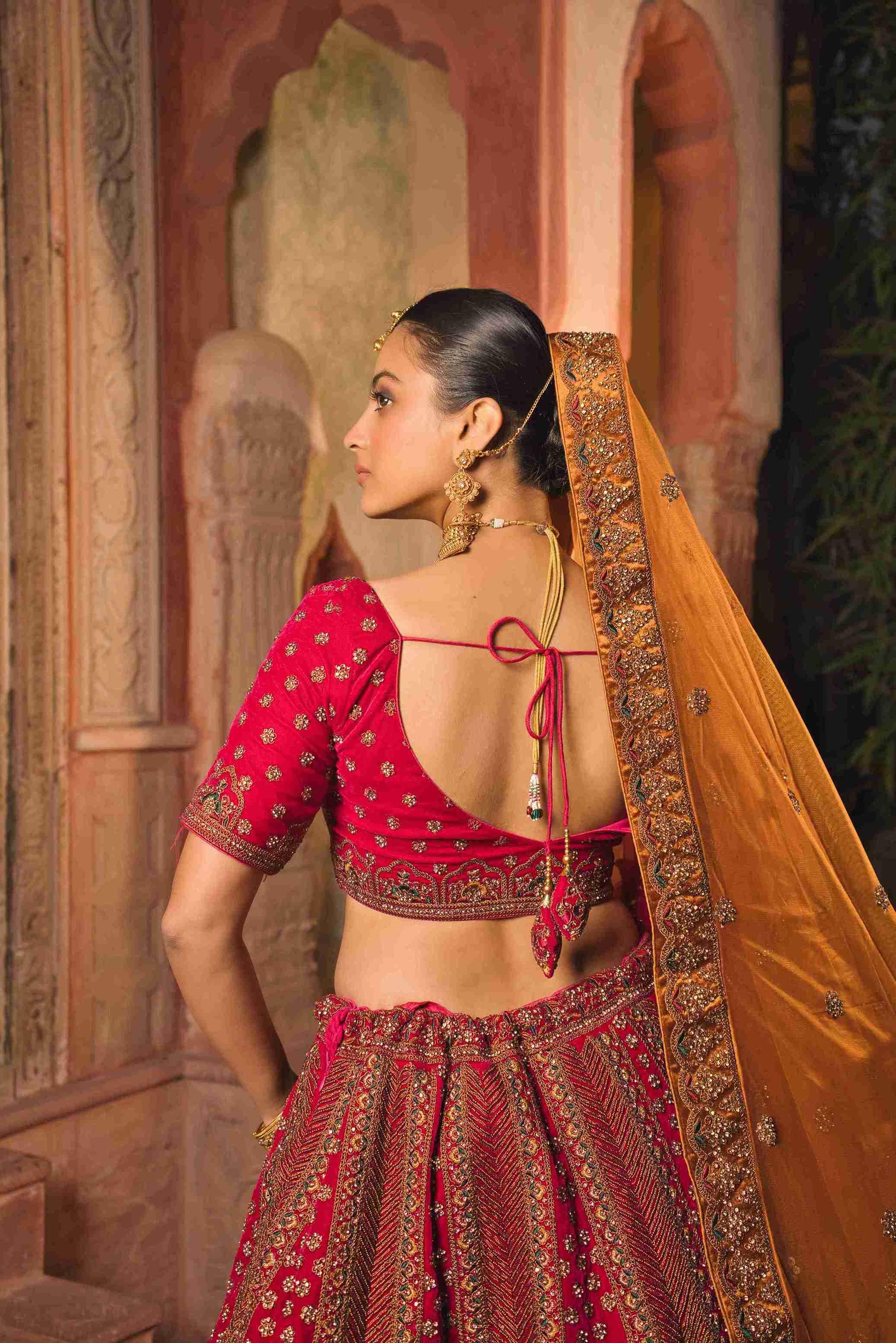 Rani Velvet Bridal Lehenga with Zari, Zarkan & Cutdana Work - House of Surya