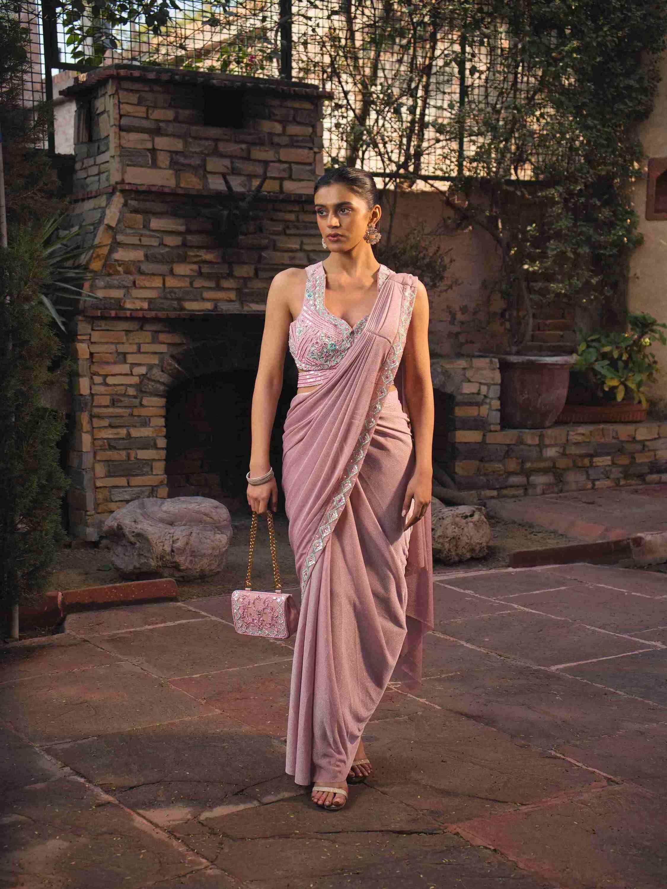 Pink Color Drape Saree With Sequins & Cut Dana Work - House of Surya