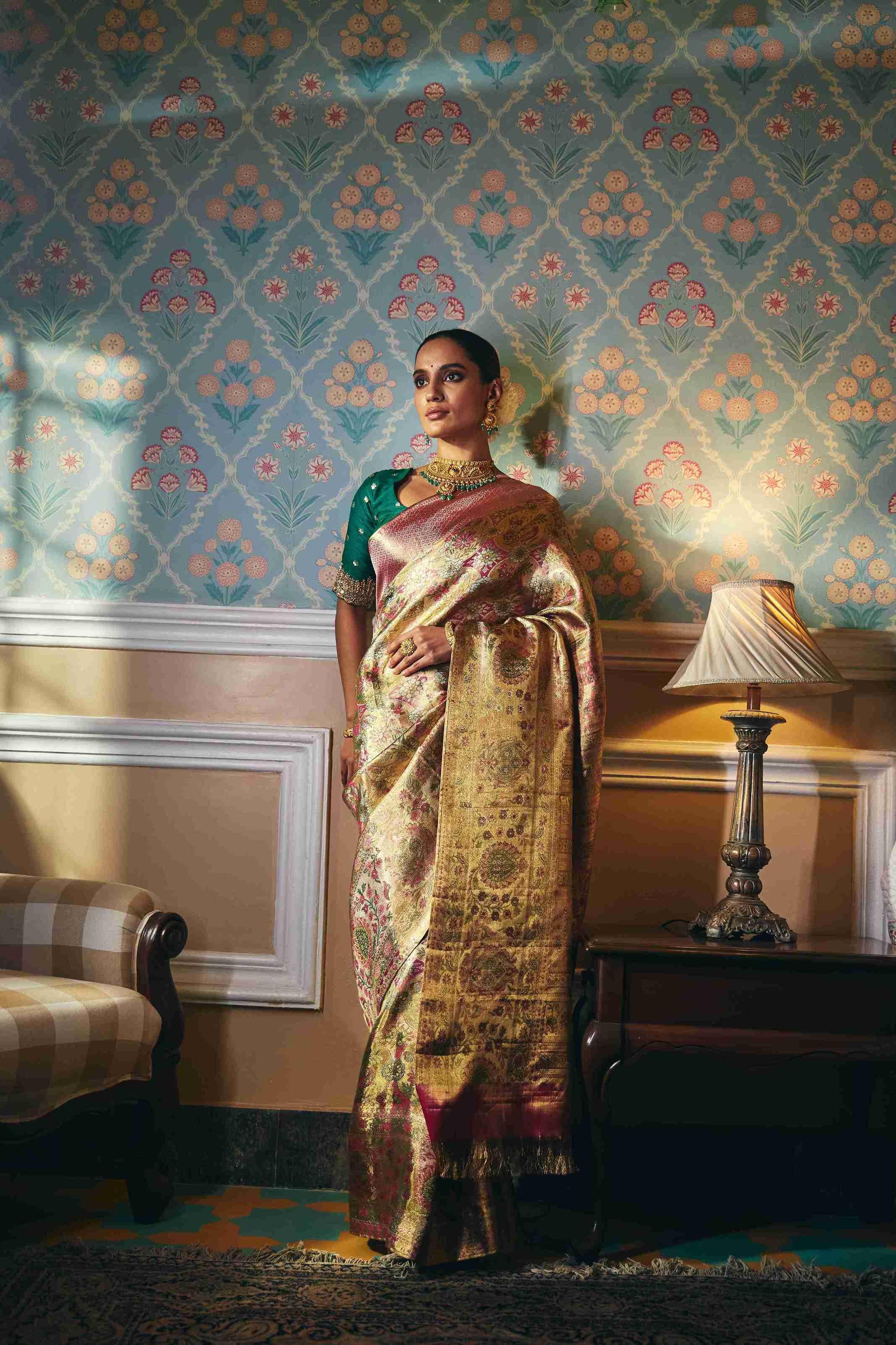 Golden Zari Kanjivaram Silk Saree - House of Surya
