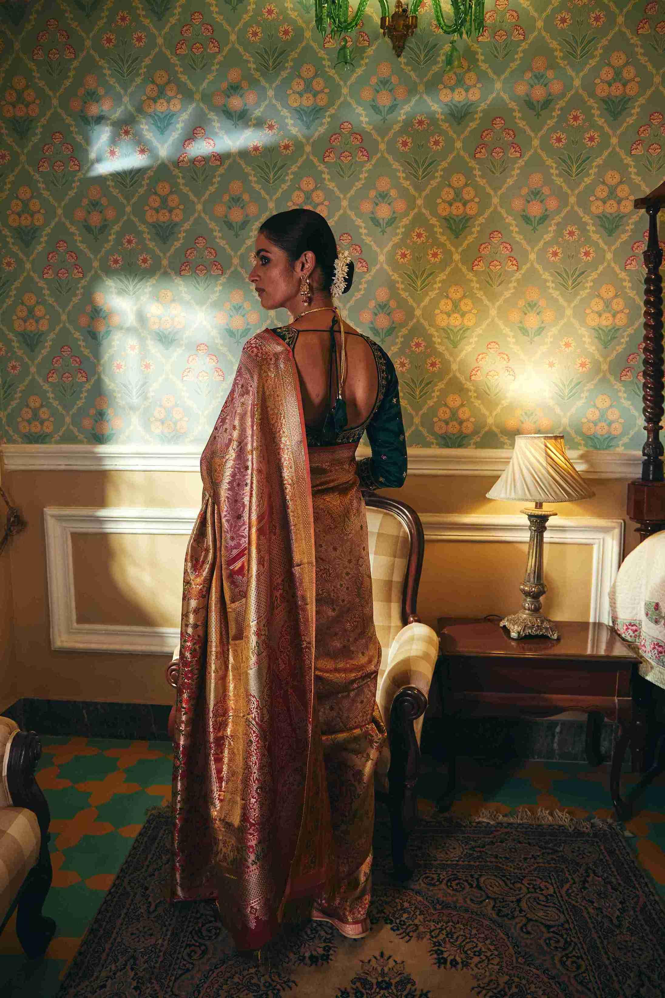 Kanjivaram Silk Saree Adorned with Golden Zari Weaving - House of Surya