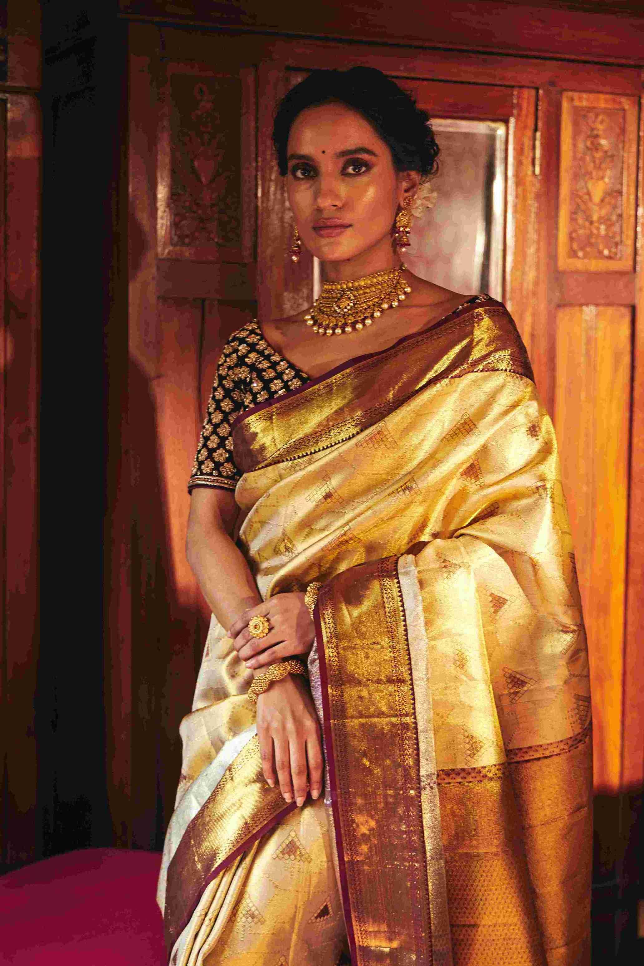 Pure Kanjivaram Silk saree with golden and Silver zari weaving - House of Surya