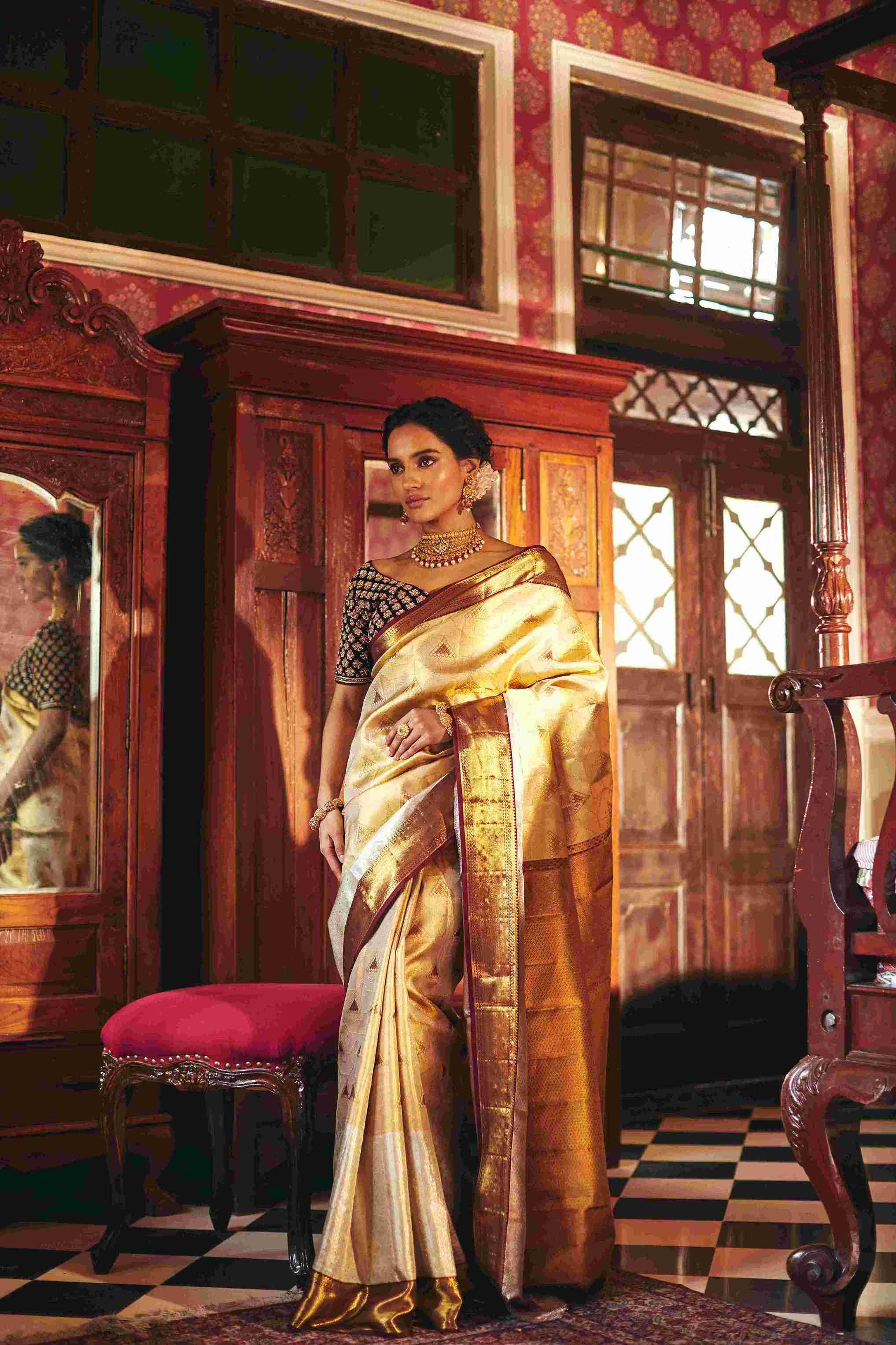 Pure Kanjivaram Silk saree with golden and Silver zari weaving - House of Surya