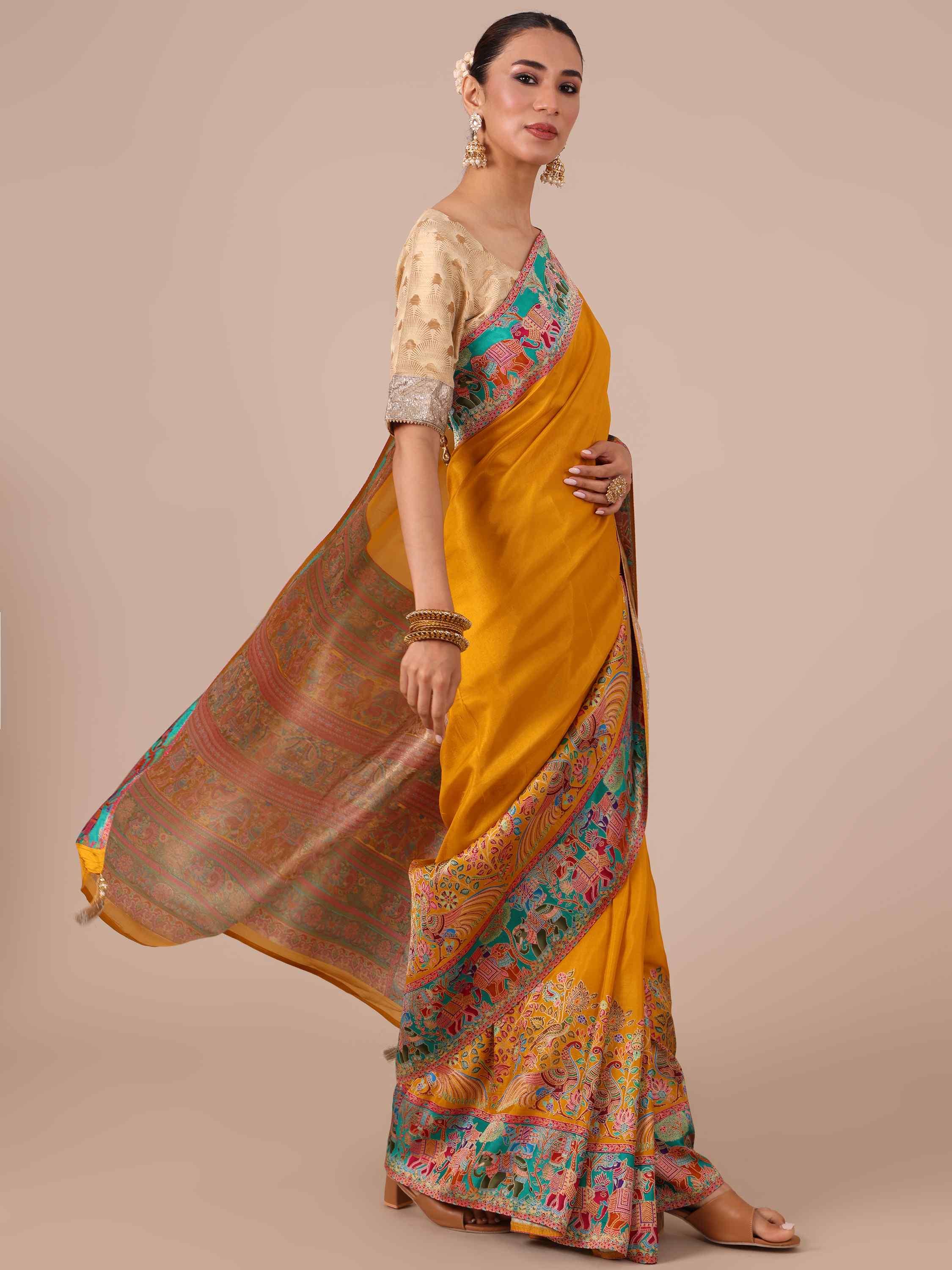 Mustard Color Silk Saree with Unstitched Blouse - House of Surya