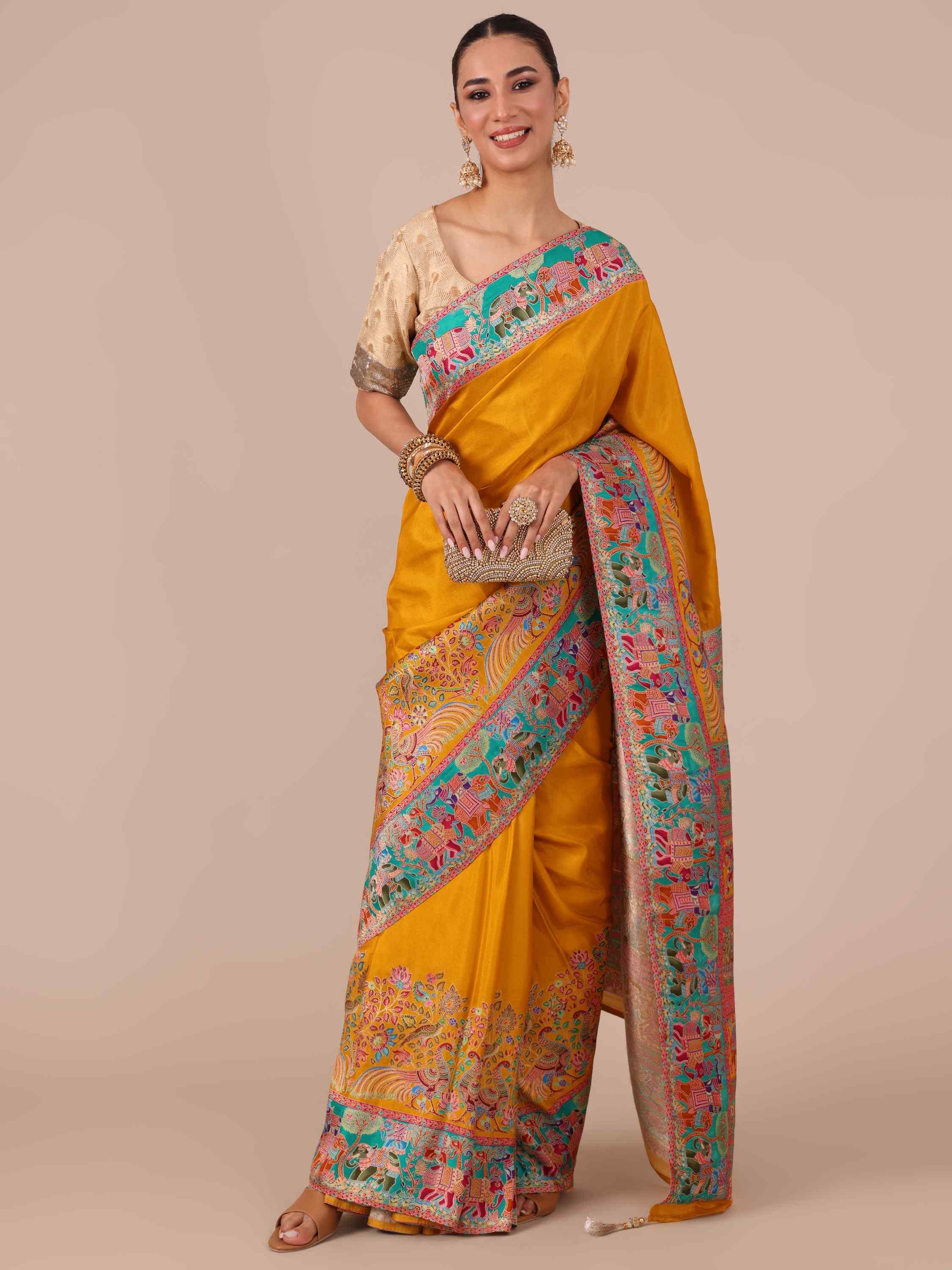 Mustard Color Silk Saree with Unstitched Blouse - House of Surya