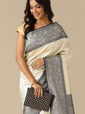 White Silk Weaving Saree with Black Unstitched Blouse - House of Surya