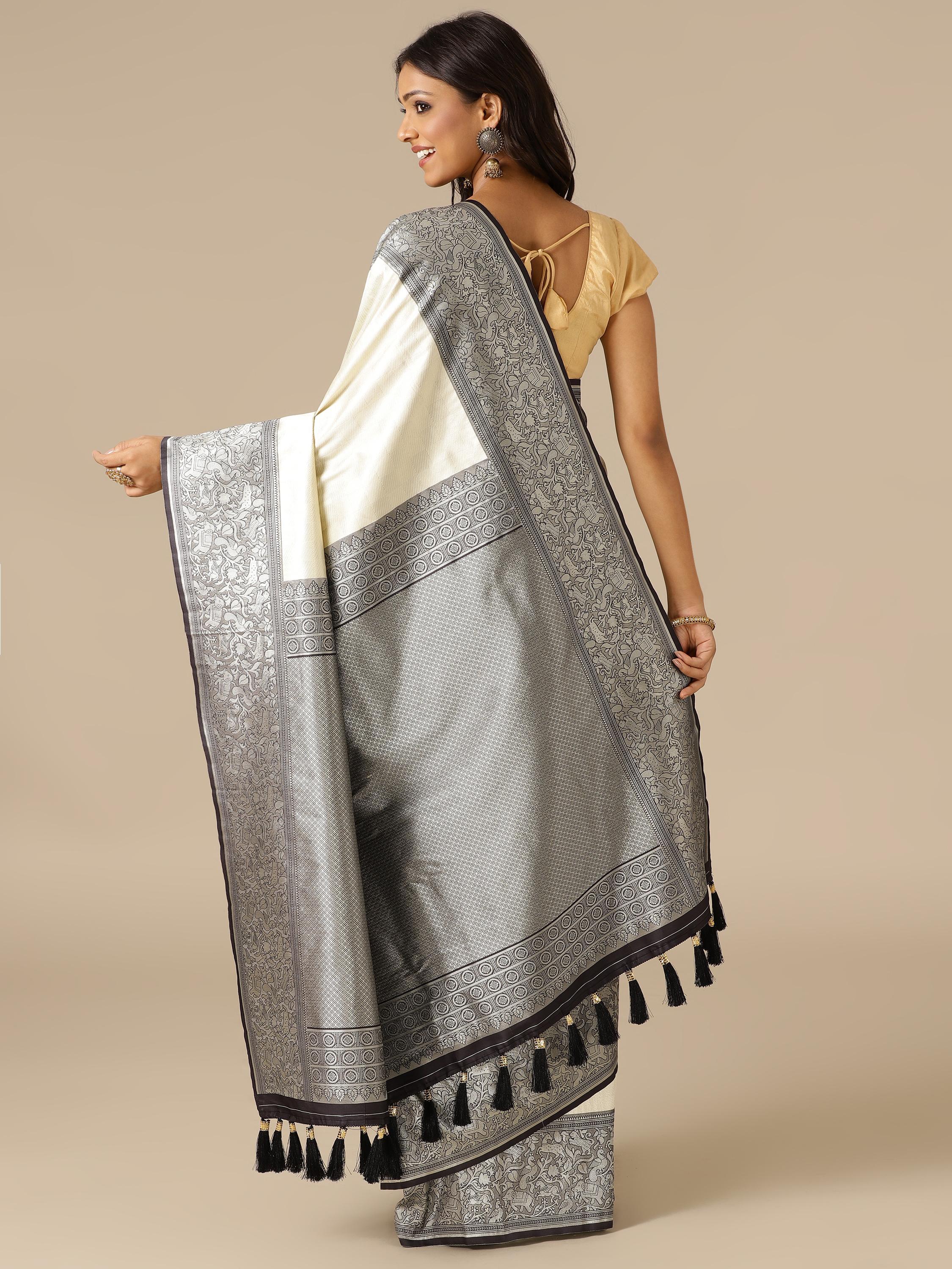 White Silk Weaving Saree with Black Unstitched Blouse - House of Surya