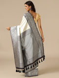 White Silk Weaving Saree with Black Unstitched Blouse - House of Surya