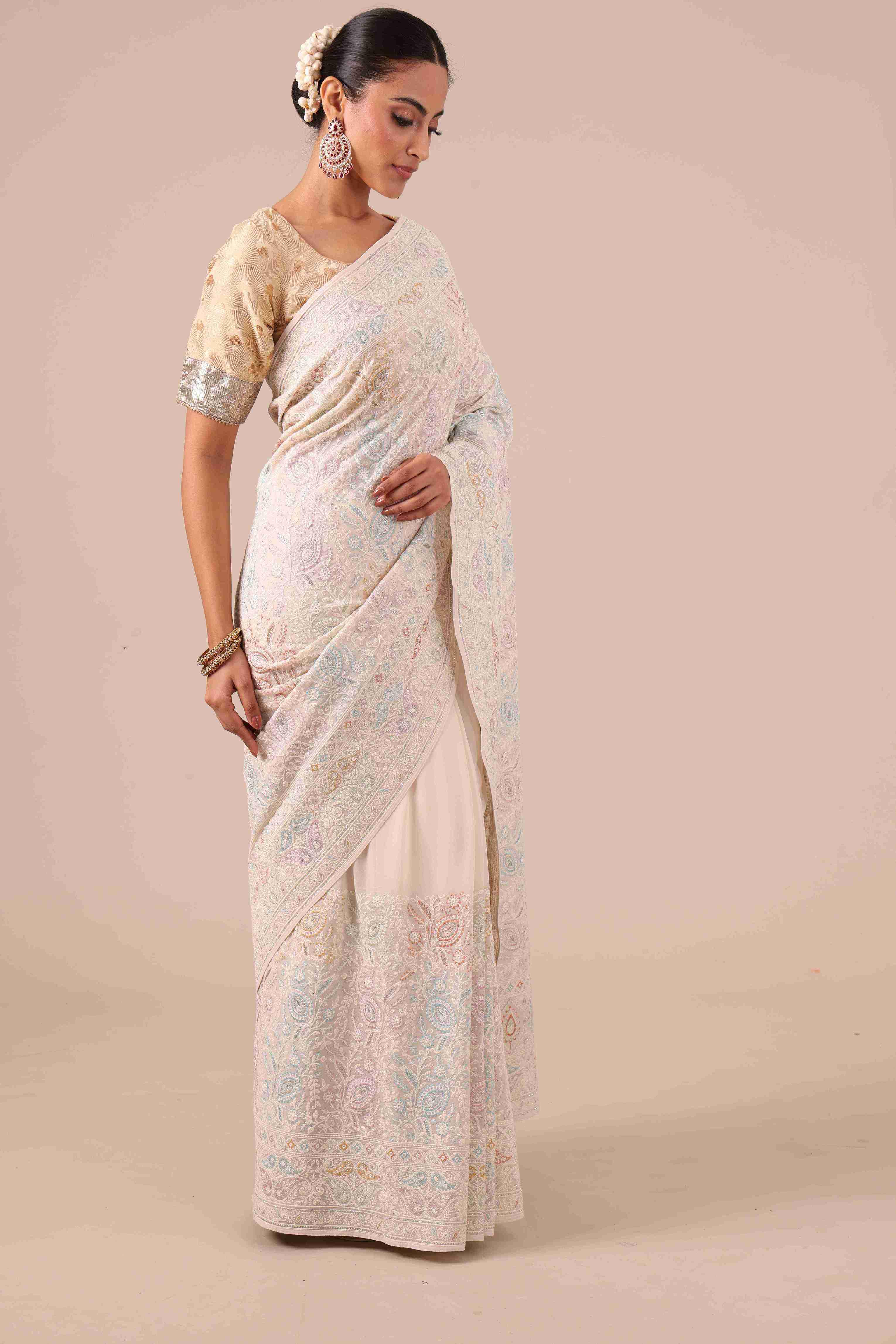 Cream Color Organza Saree - House of Surya