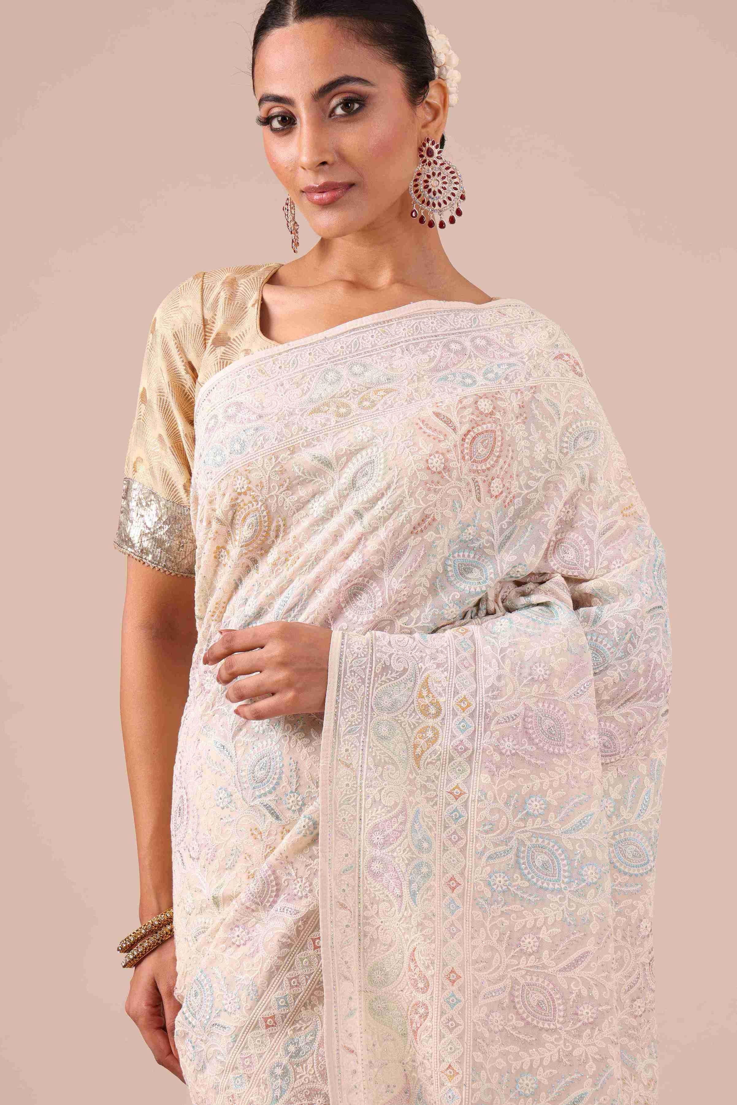 Cream Color Organza Saree - House of Surya