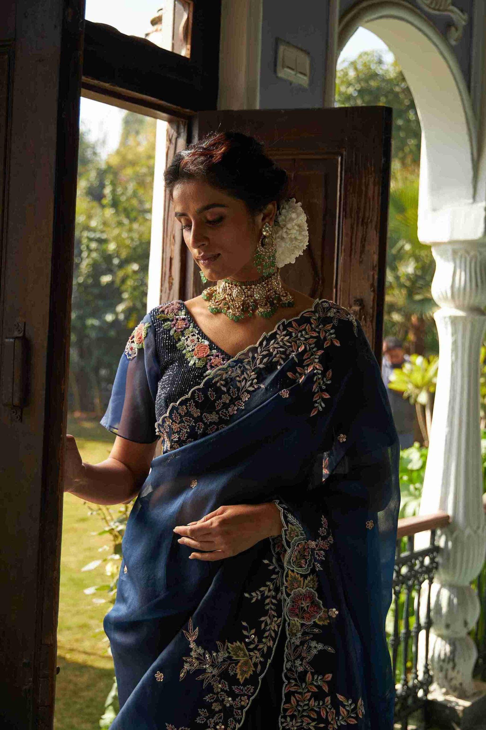 Blue Saree With Zardozi Pearl & Thread Work - House of Surya