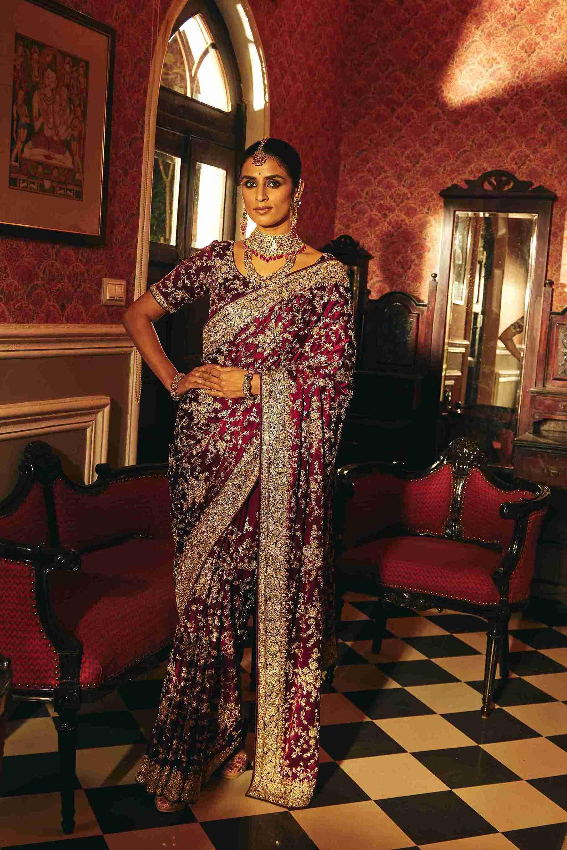 GajiCrepe saree with Zardozi & Jaal Work - House of Surya