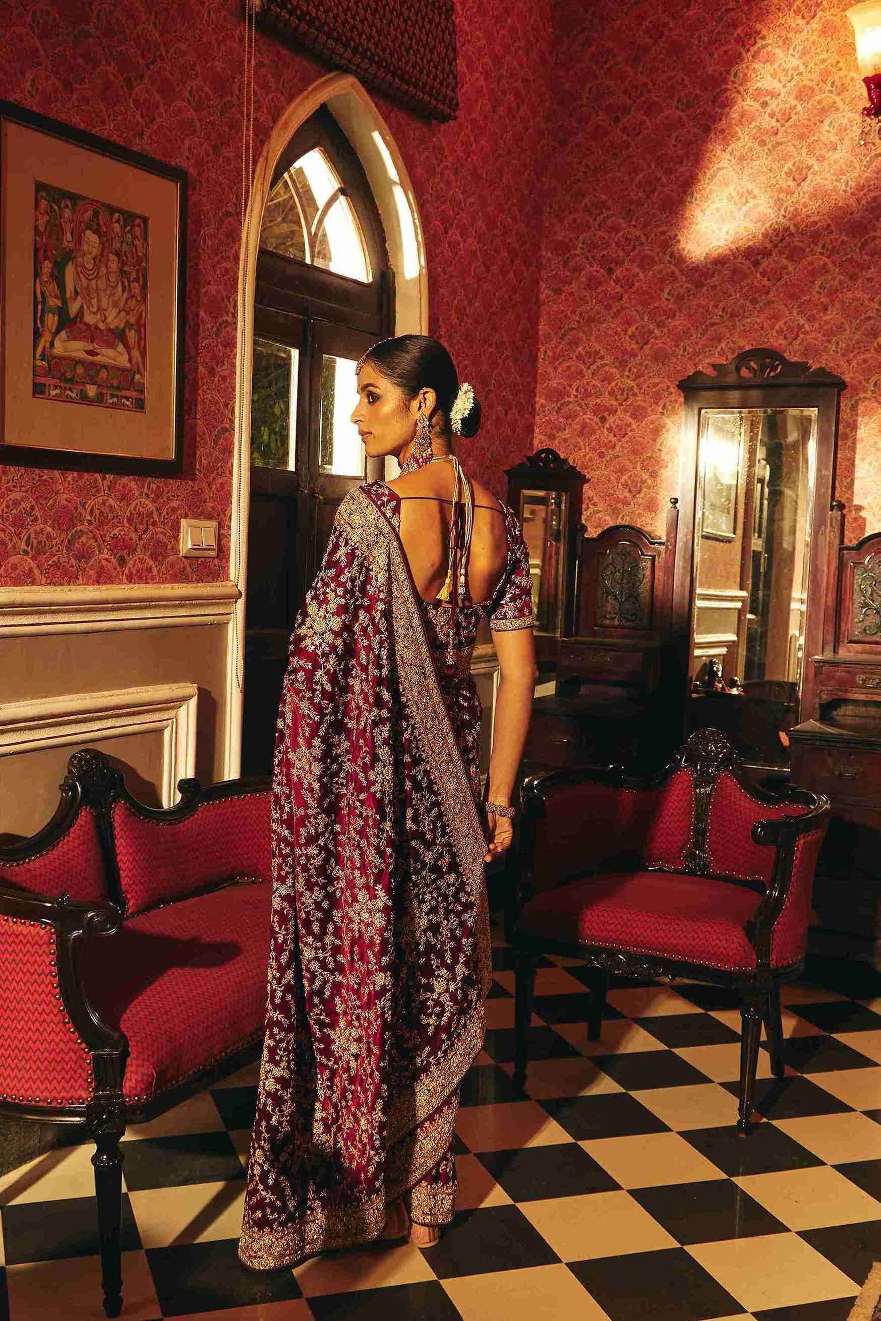 GajiCrepe saree with Zardozi & Jaal Work - House of Surya