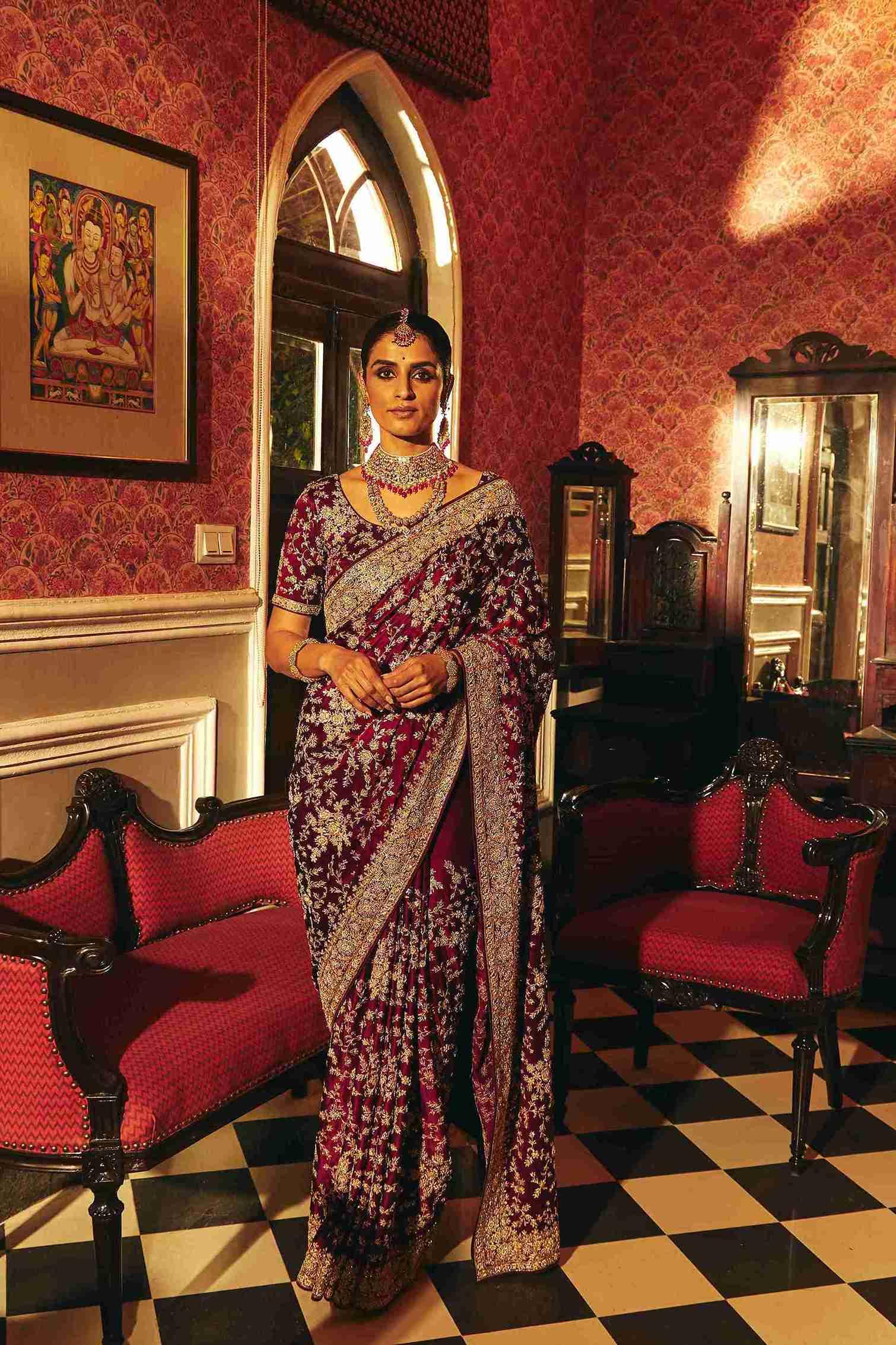 GajiCrepe saree with Zardozi & Jaal Work - House of Surya