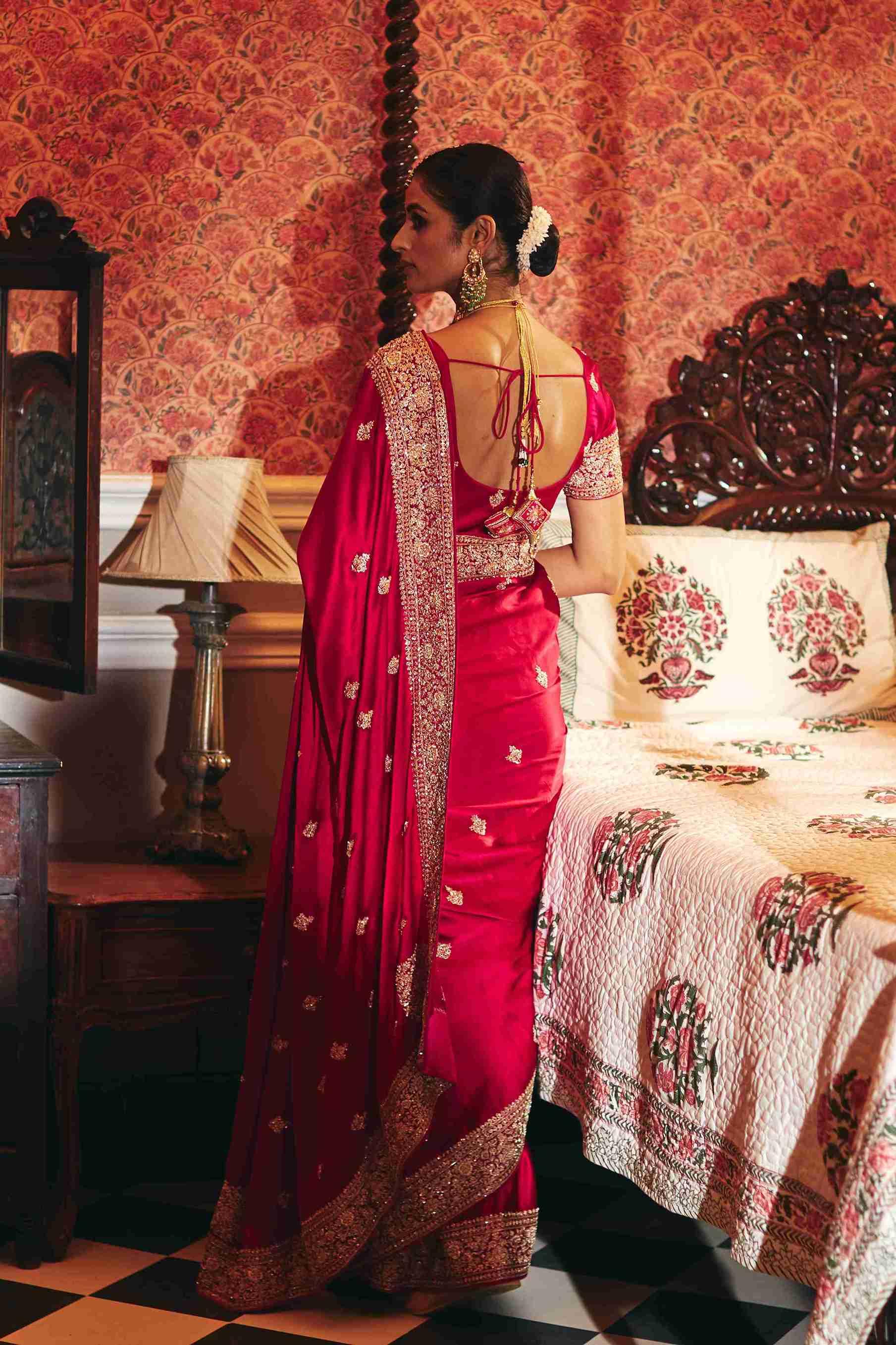 Pure Gajicrepe Saree With Hand Zardozi Buti Pattern - House of Surya