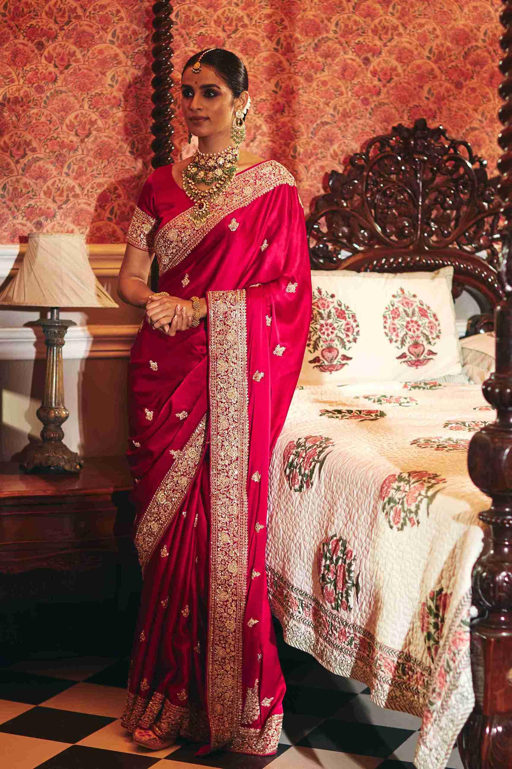 Pure Gajicrepe Saree With Hand Zardozi Buti Pattern - House of Surya