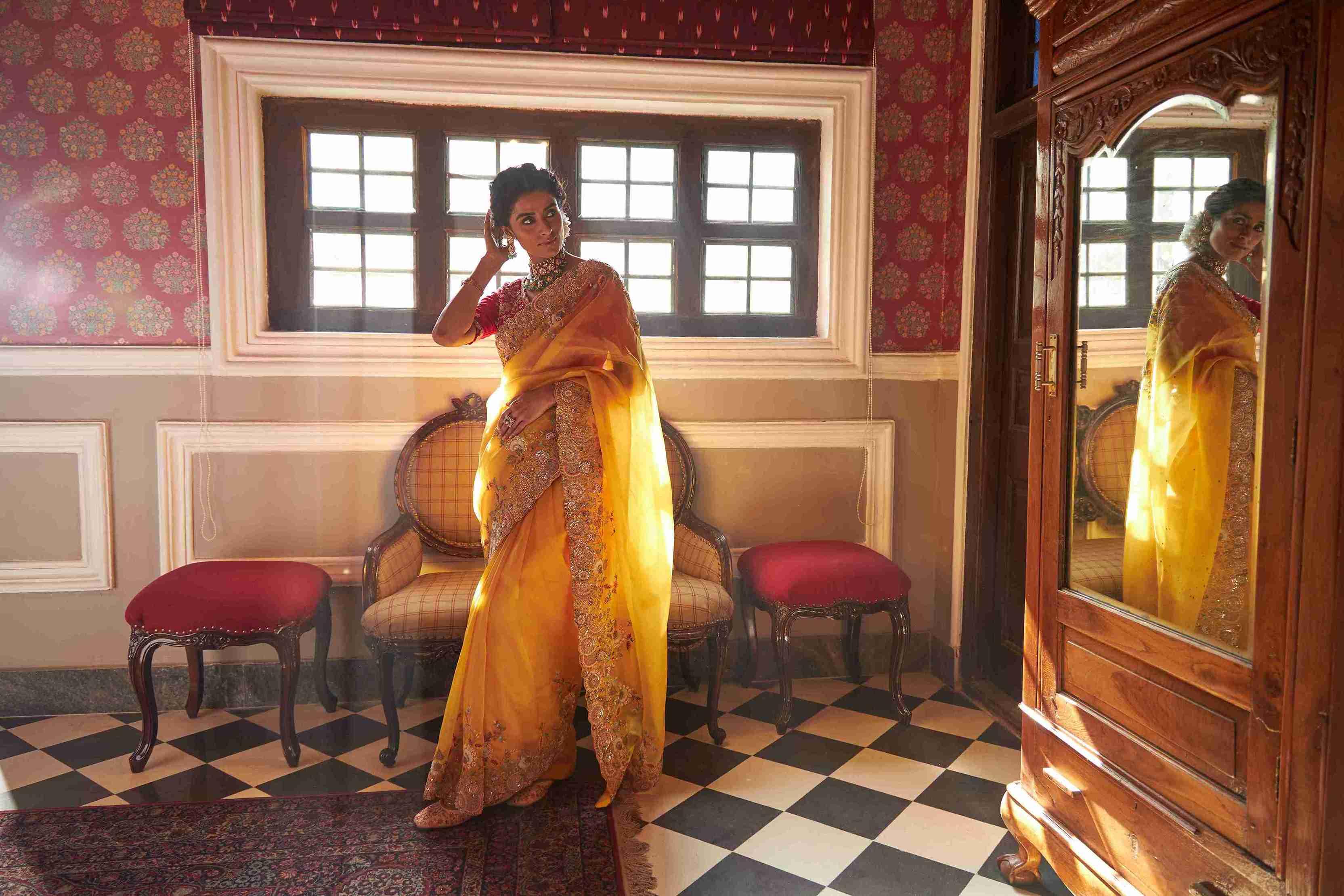 Yellow Organza Saree Online | Mustard & Floral Organza Sarees