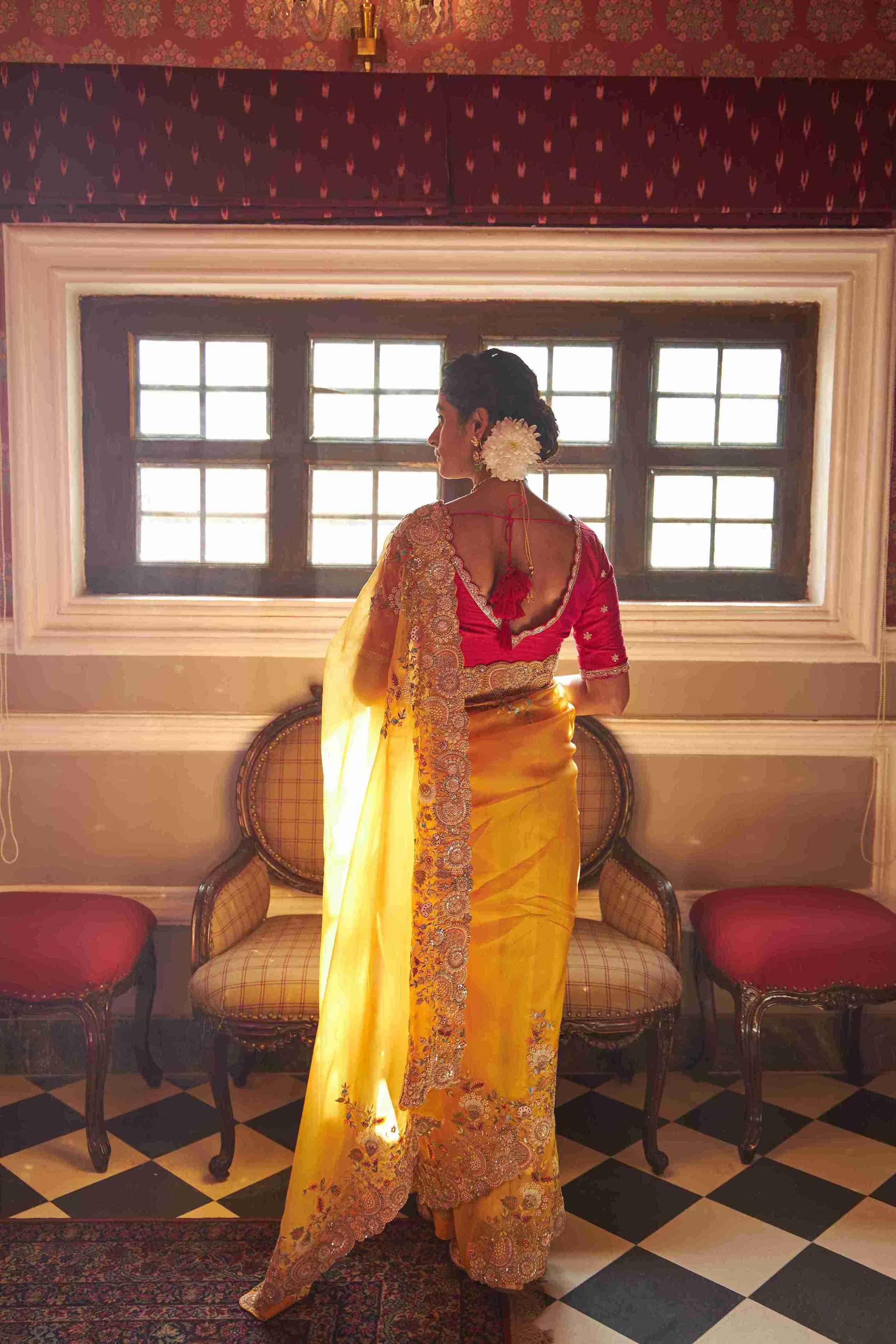 Yellow Organza Saree Online | Mustard & Floral Organza Sarees