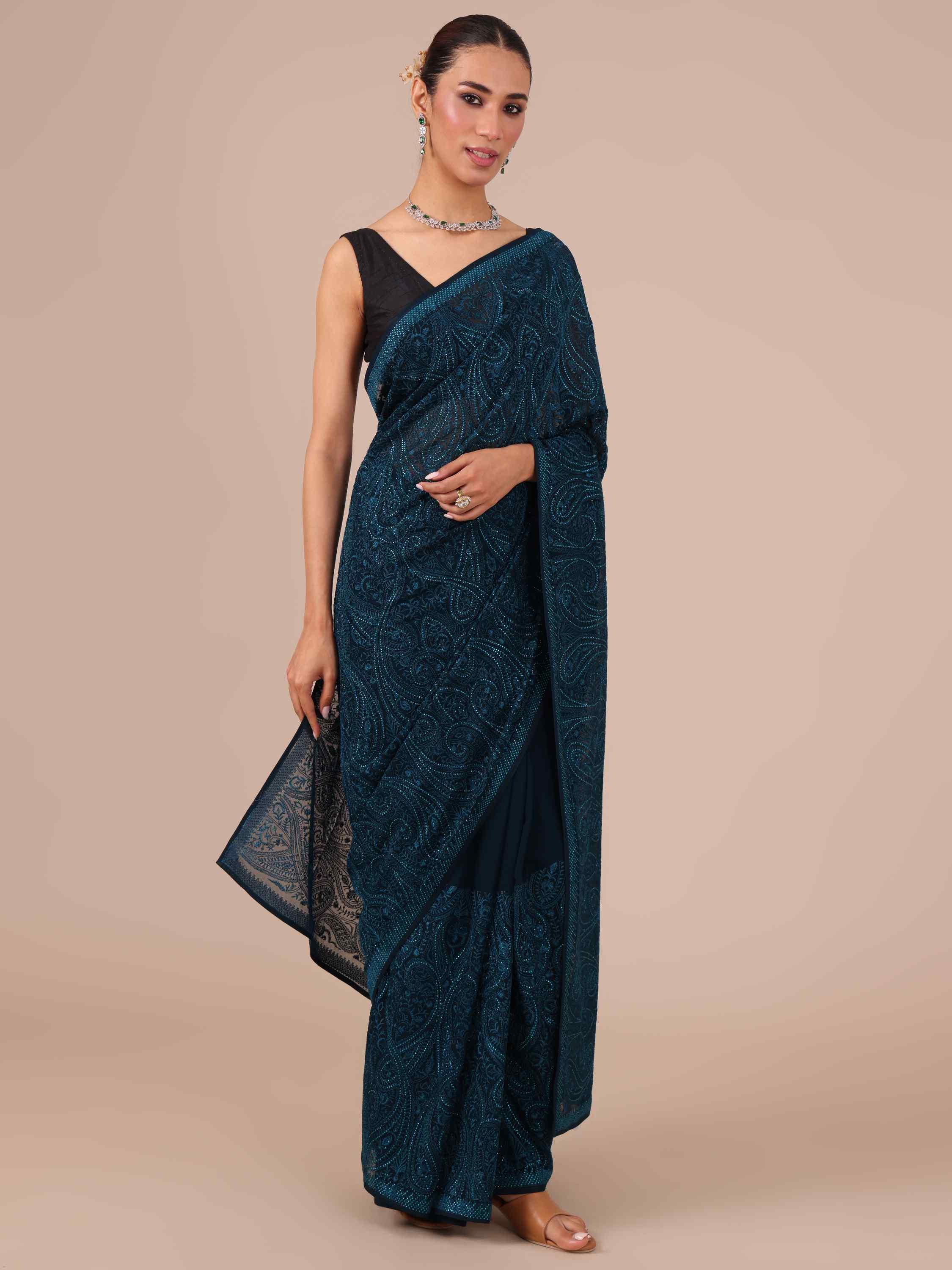Georgette Saree in Peacock Blue - House of Surya