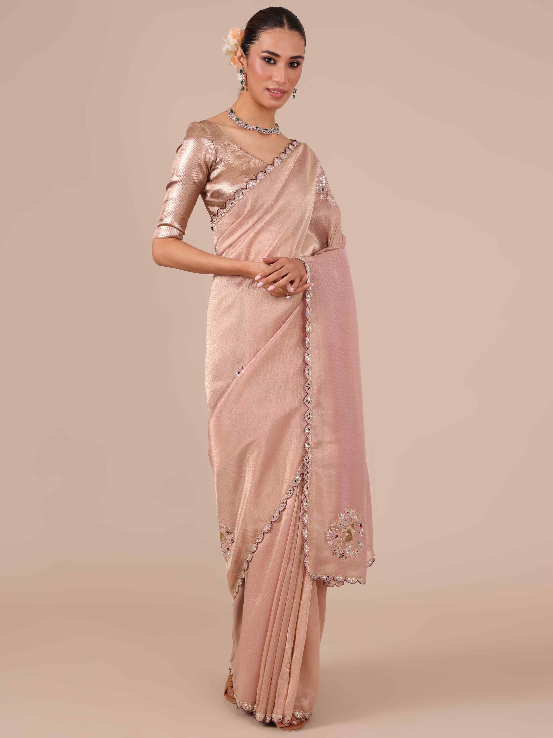 Peach Color Tissue Organza Saree with Wine Unstitched Blouse - House of Surya