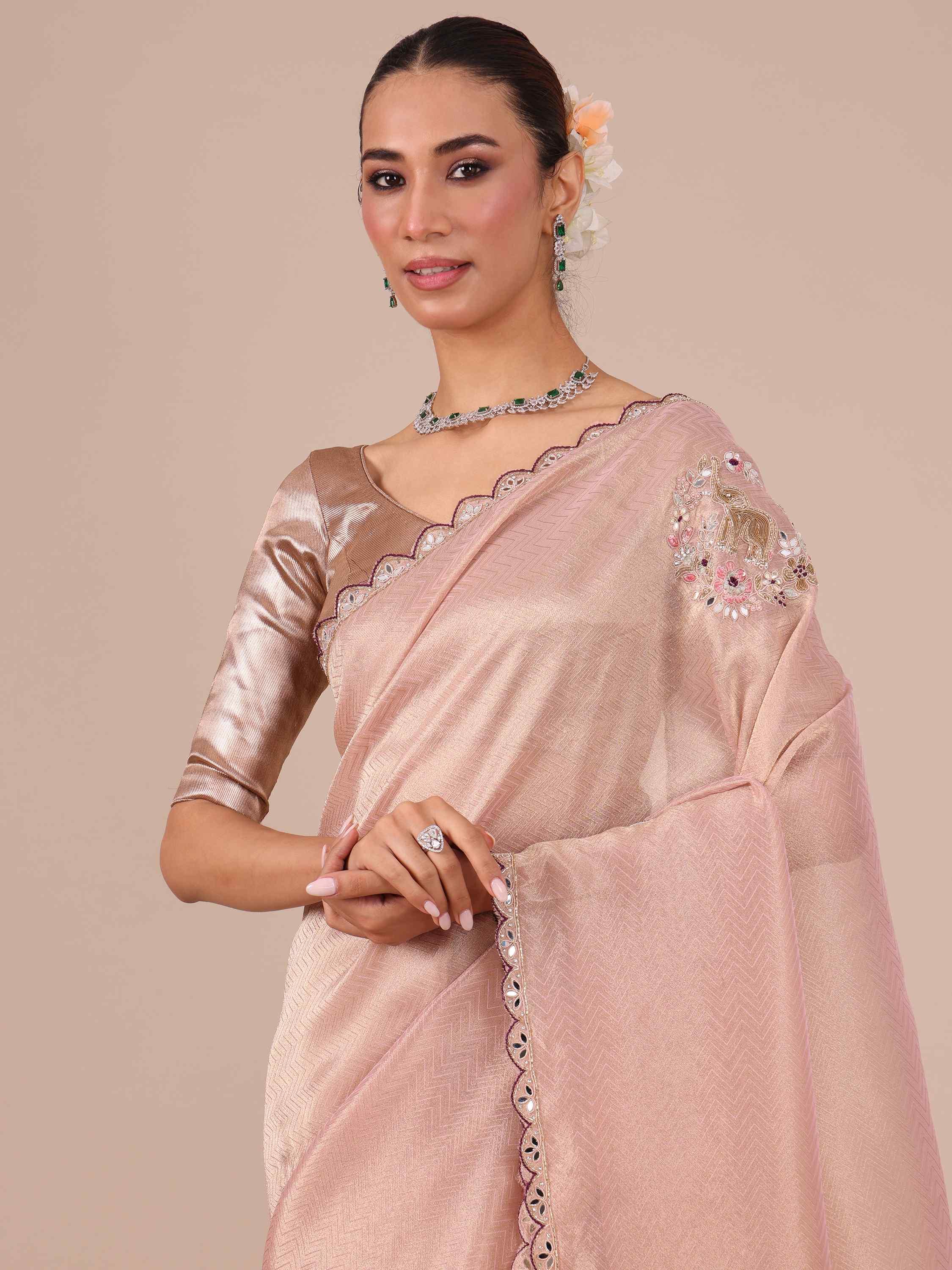 Peach Color Tissue Organza Saree with Wine Unstitched Blouse - House of Surya