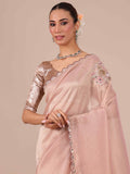 Peach Color Tissue Organza Saree with Wine Unstitched Blouse - House of Surya