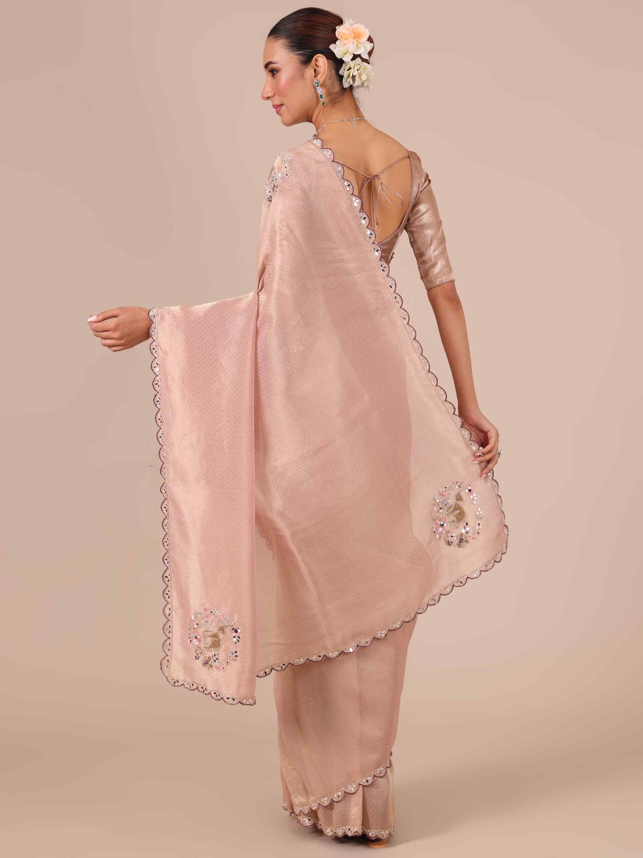 Peach Color Tissue Organza Saree with Wine Unstitched Blouse - House of Surya