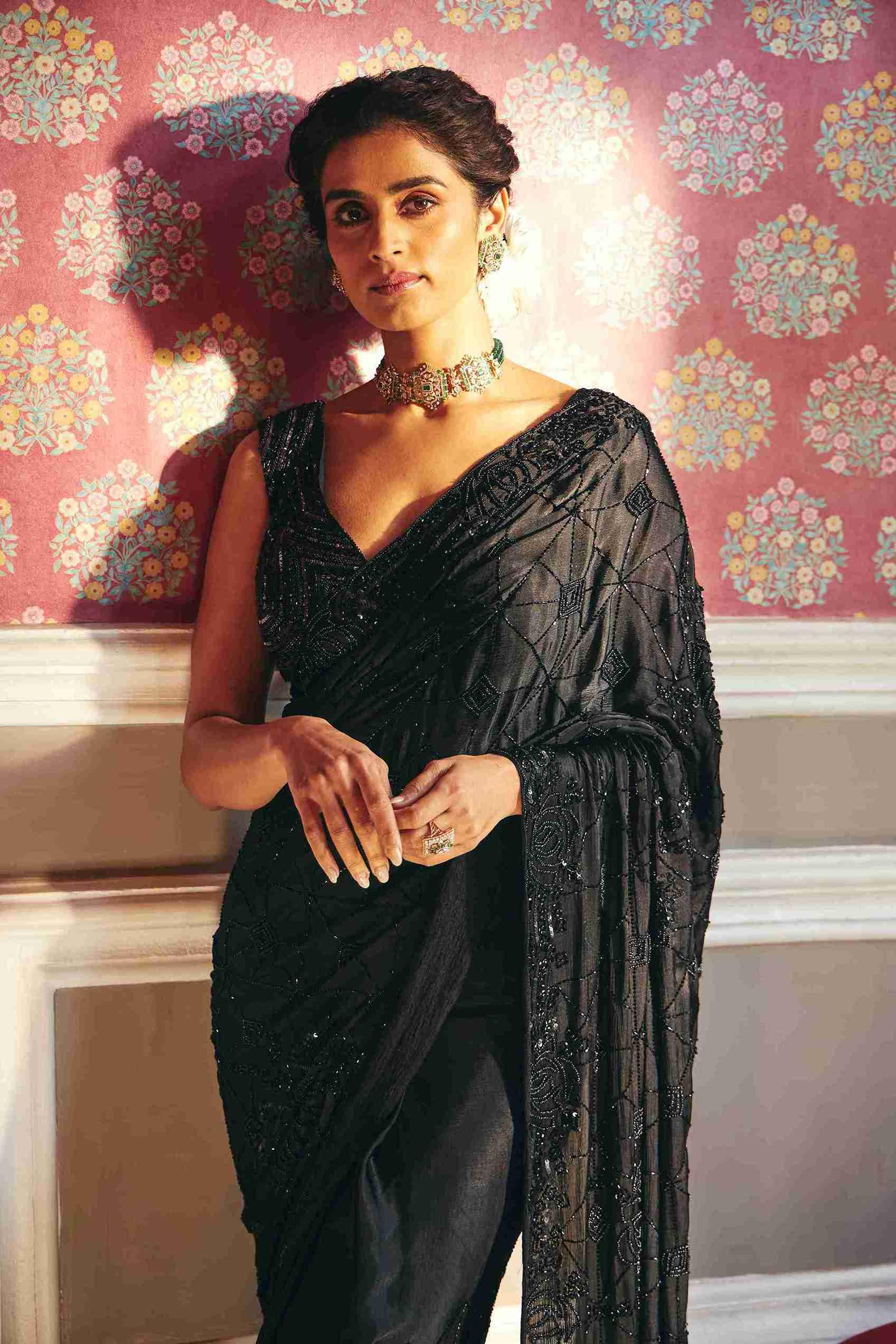 Pure Crepe Black Saree With Pearl And Sequins Work - House of Surya