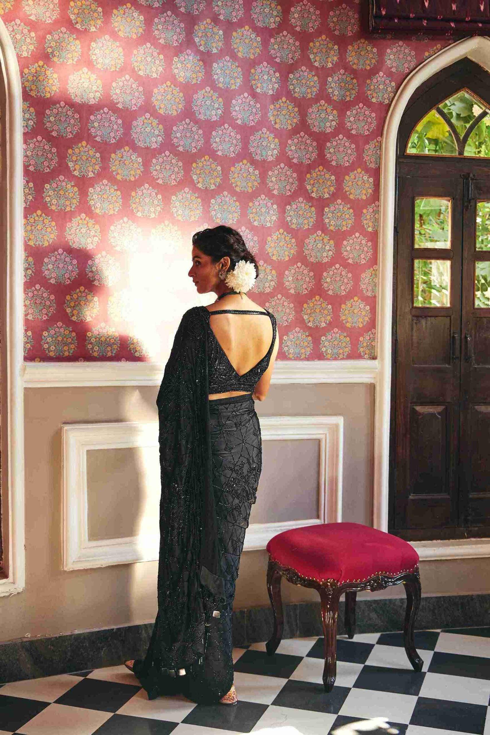 Pure Crepe Black Saree With Pearl And Sequins Work - House of Surya