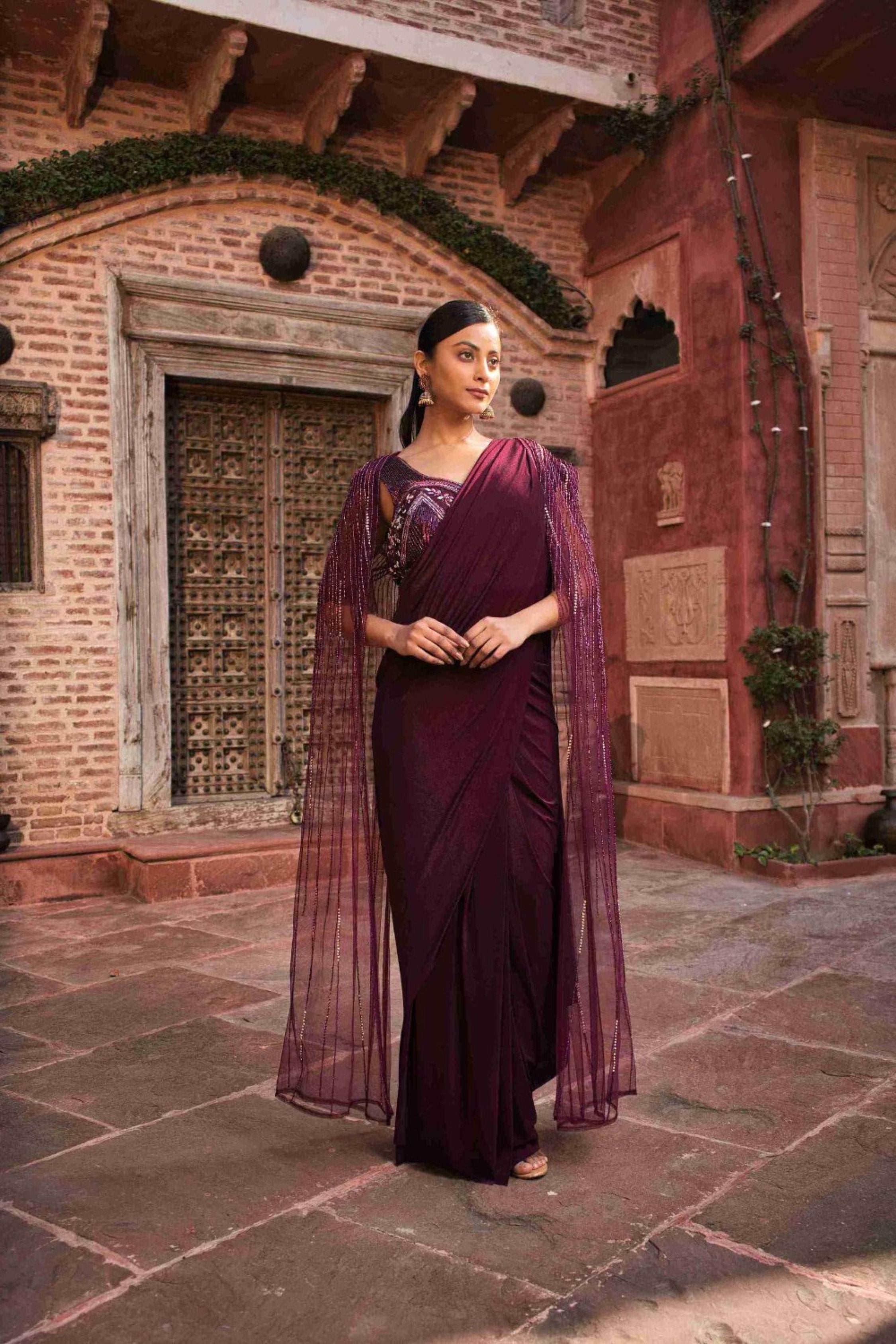 Wine Color Lycra Drape Saree With Sequins, Cut Dana & Pearl Work - House of Surya