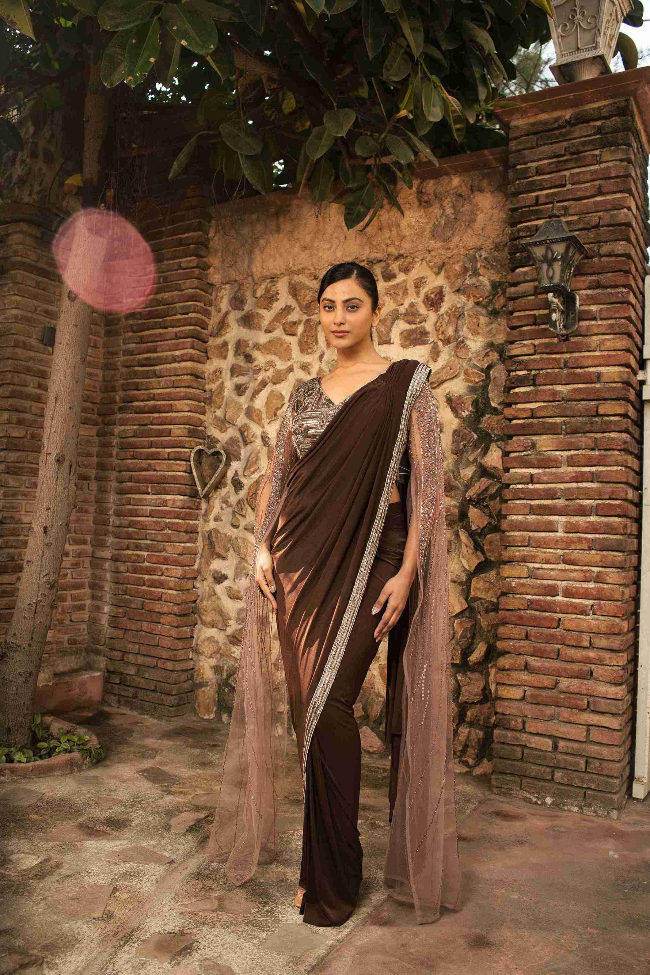 Brown Color Drape Saree With Cutdana & Pearl Work - House of Surya