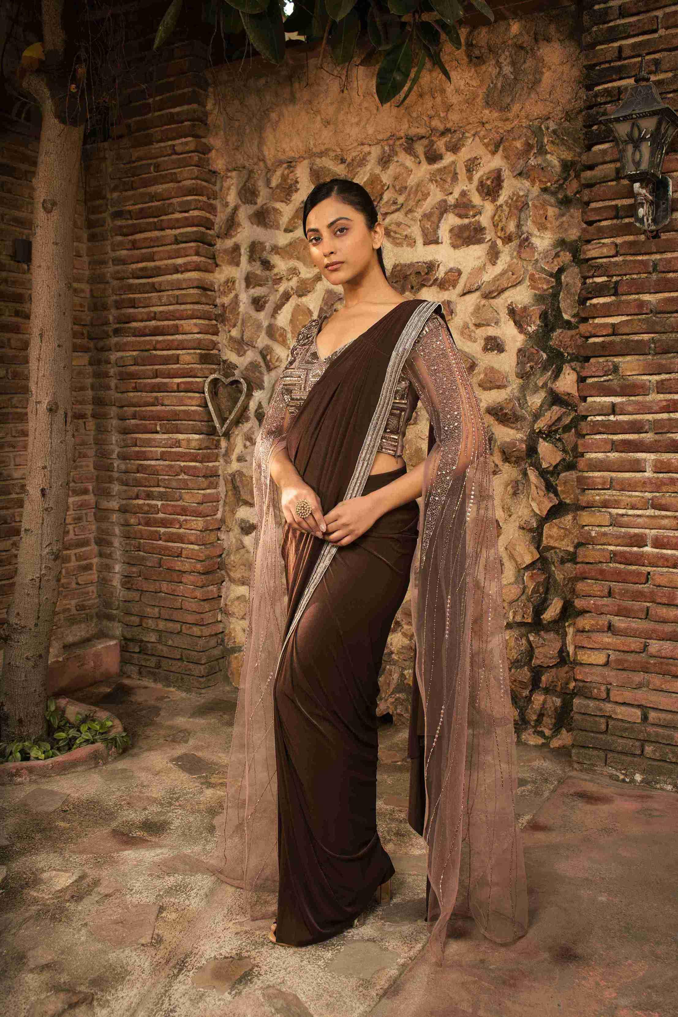 Brown Color Drape Saree With Cutdana & Pearl Work - House of Surya