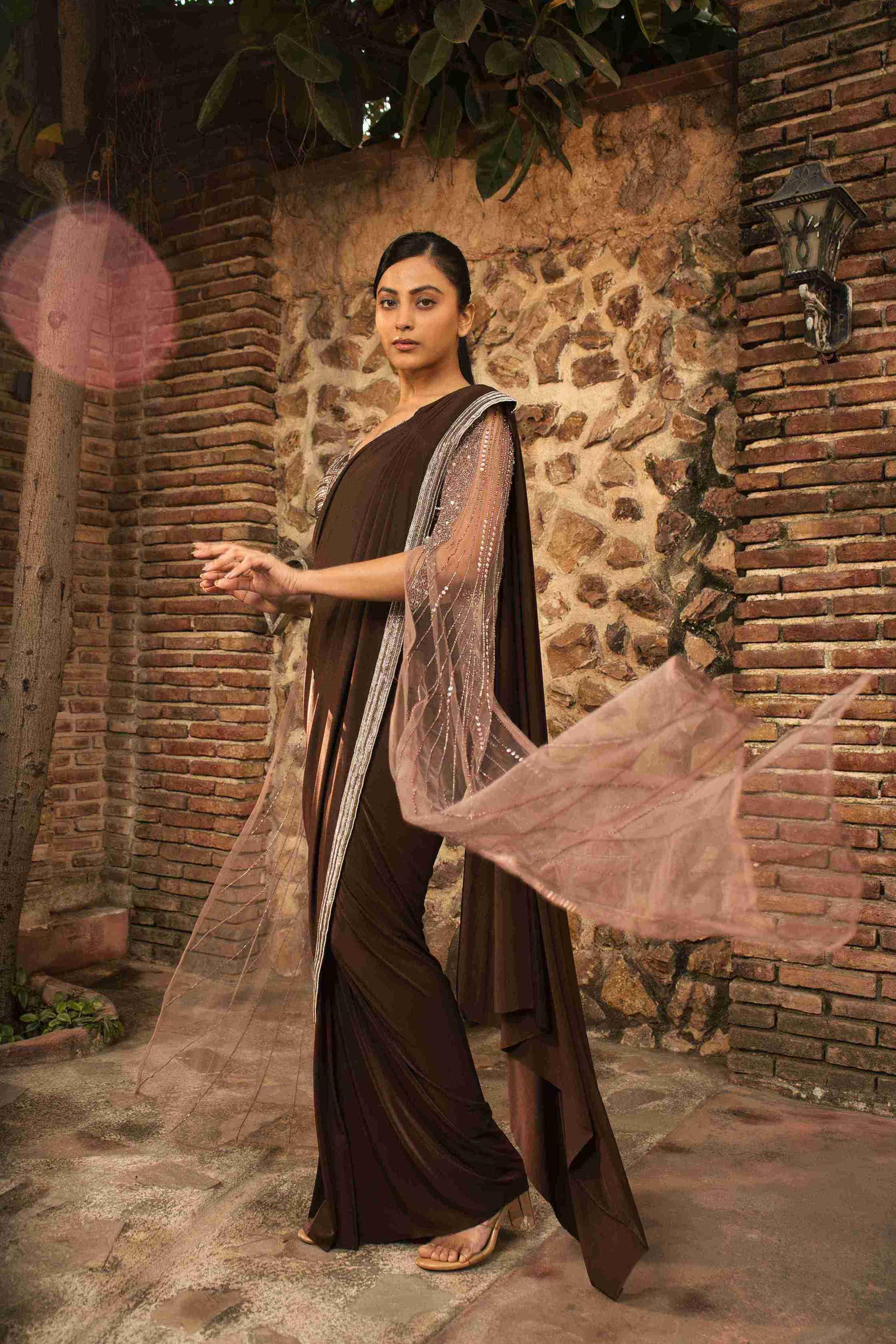 Brown Color Drape Saree With Cutdana & Pearl Work - House of Surya