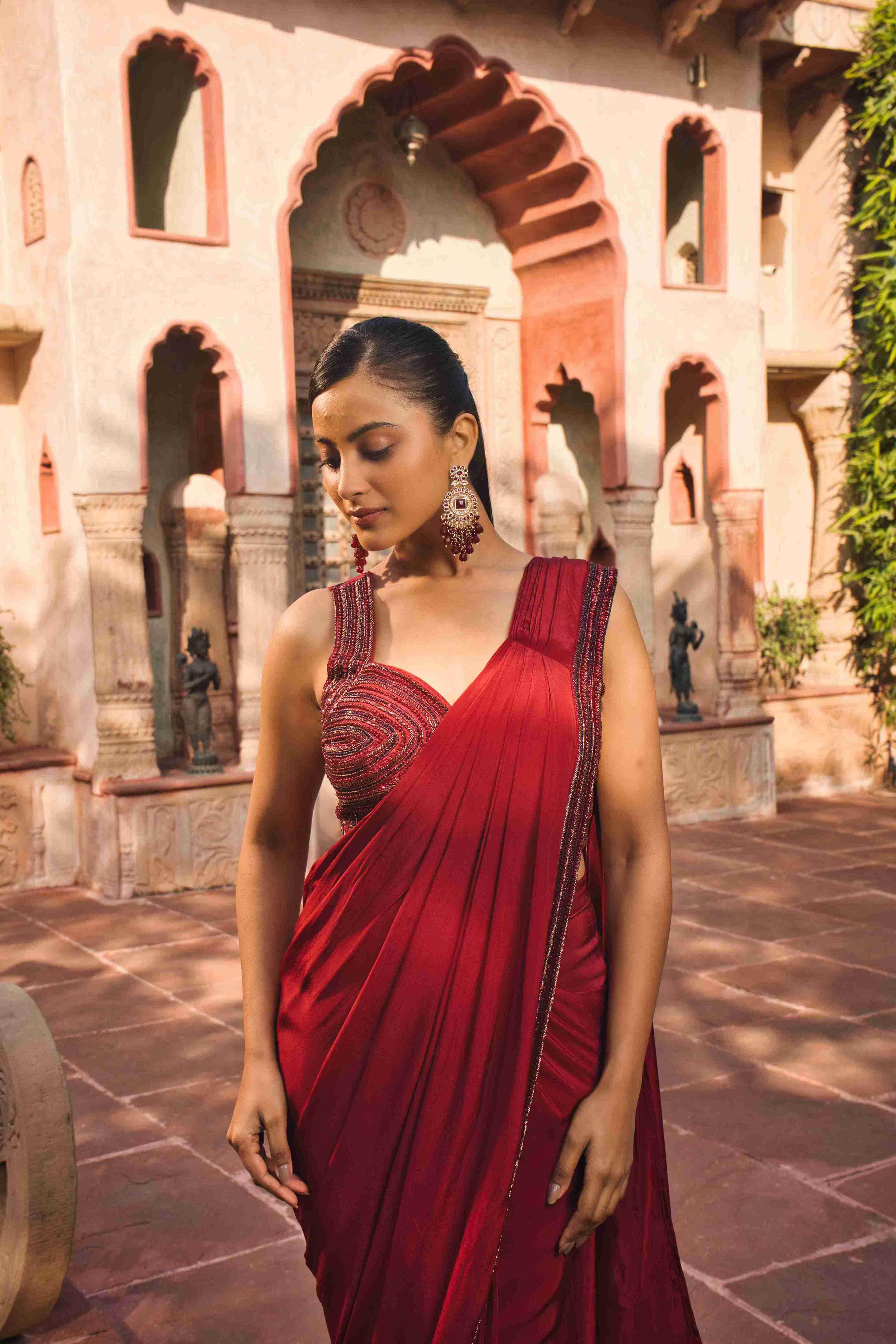 Red Drape Saree With Cutdana, Sequins & Pearl Work - House of Surya