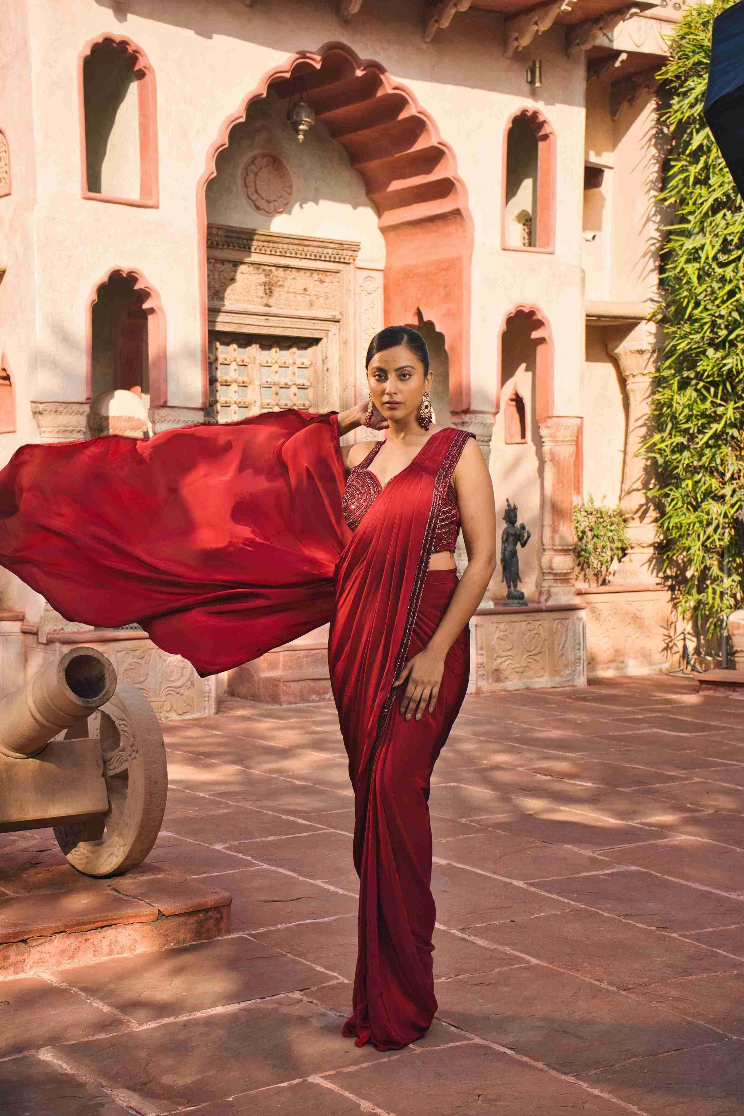 Red Drape Saree With Cutdana, Sequins & Pearl Work - House of Surya