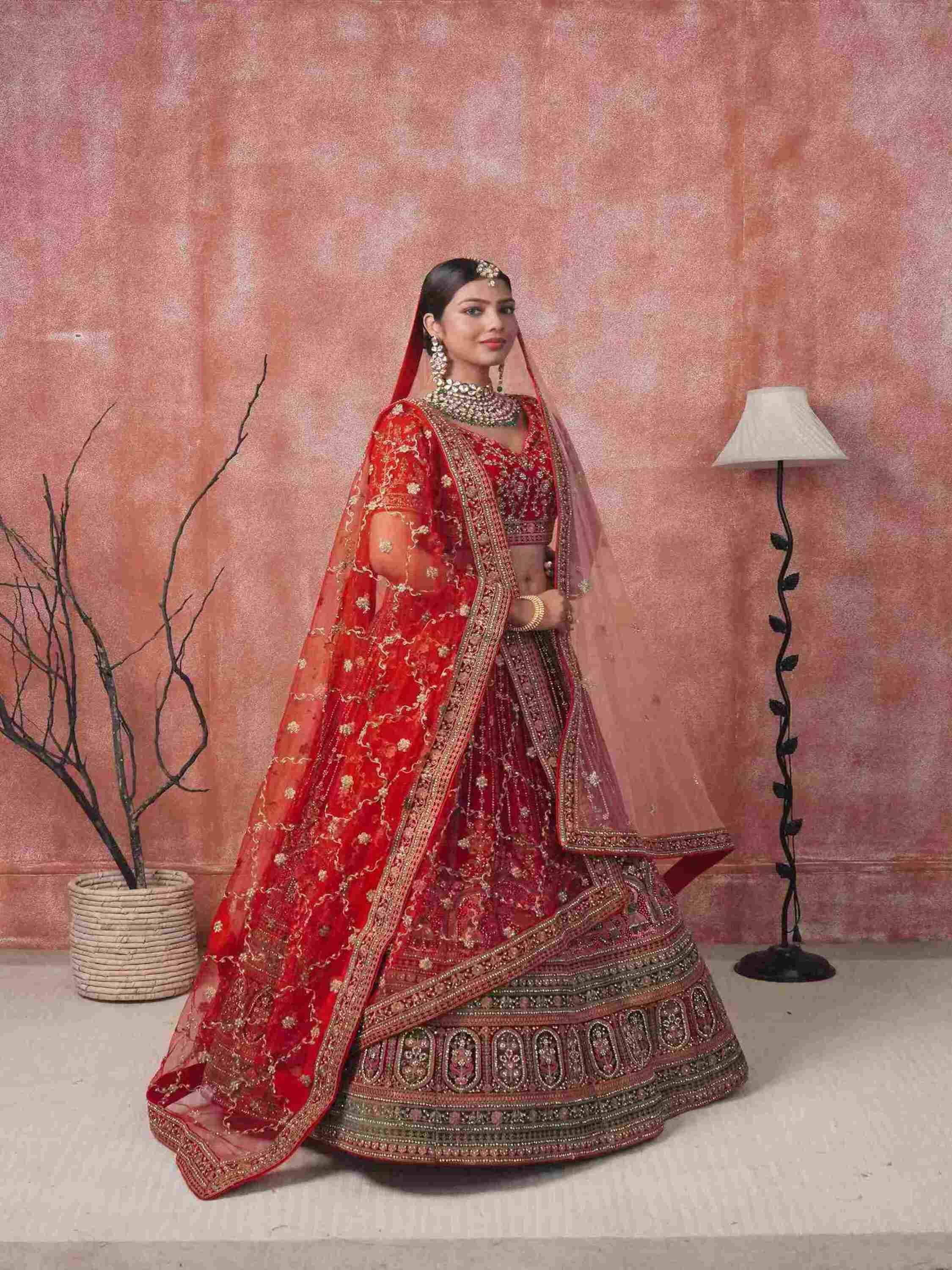 Maroon Velvet Bridal Lehenga with Zari, Zarkan & Poth Work - House of Surya