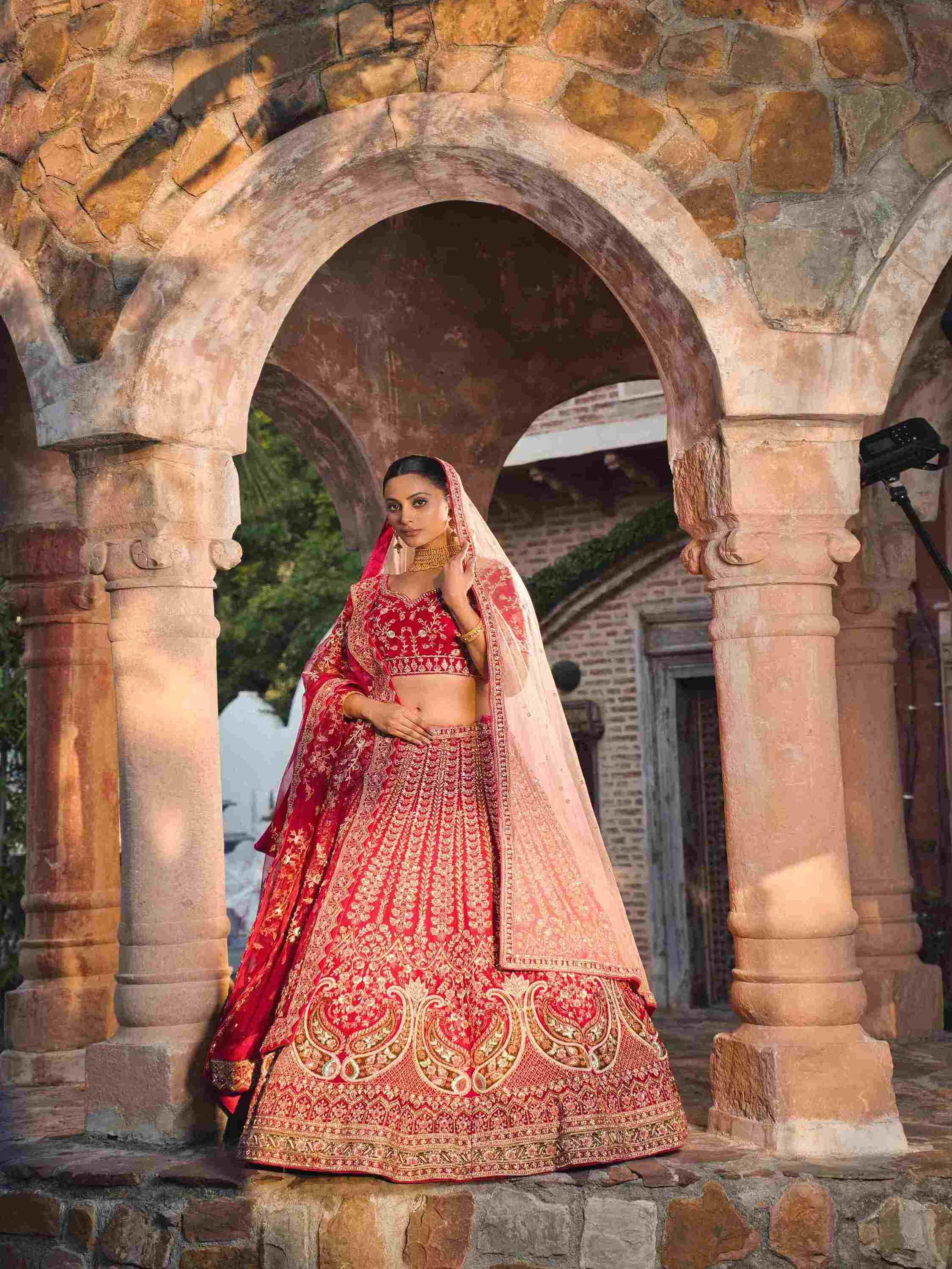 Velvet Bridal Lehenga with Zari, Dapka & Sequins Work - House of Surya