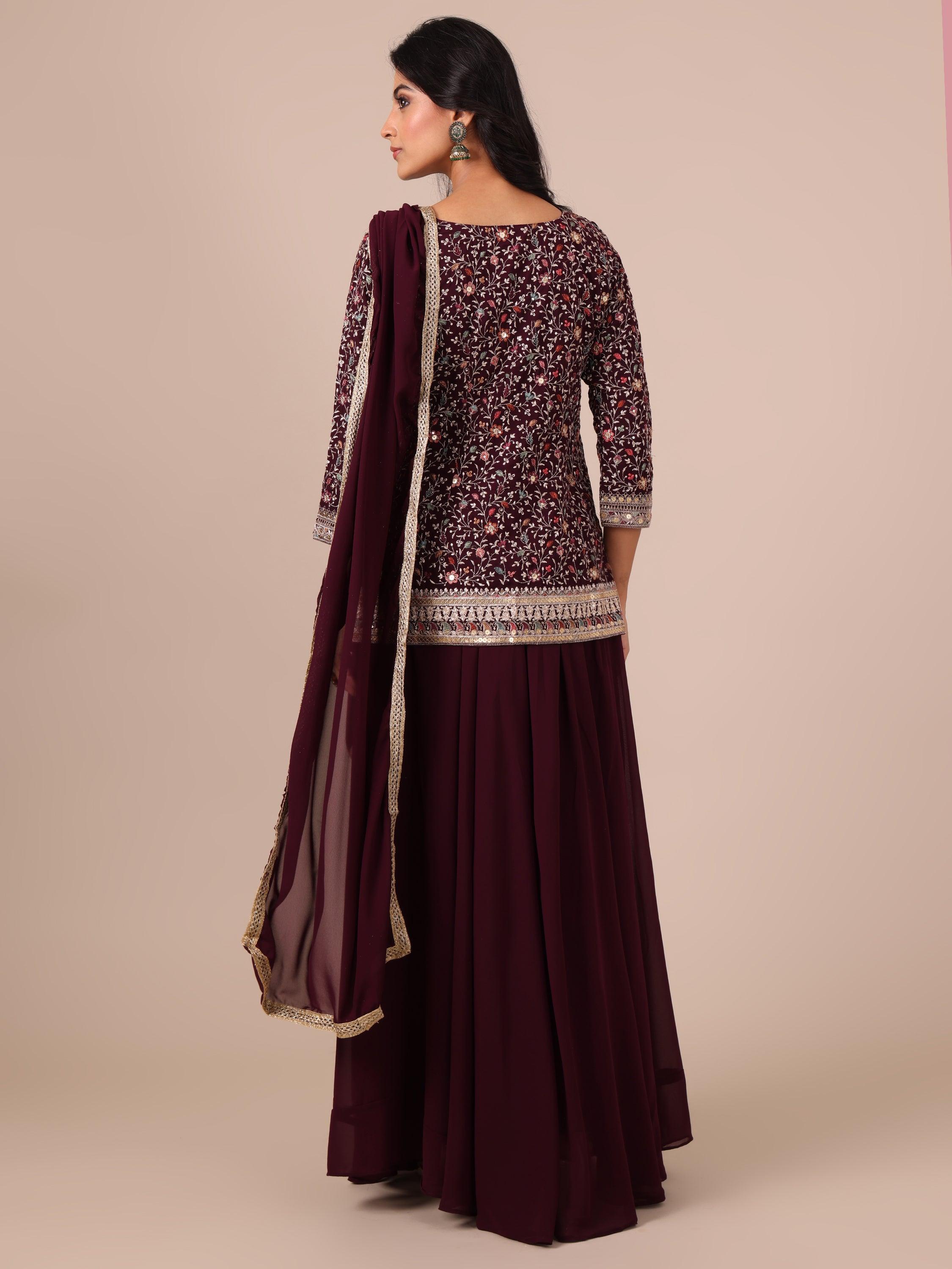 Wine Color Georgette Sharara with Matching Dupatta - House of Surya