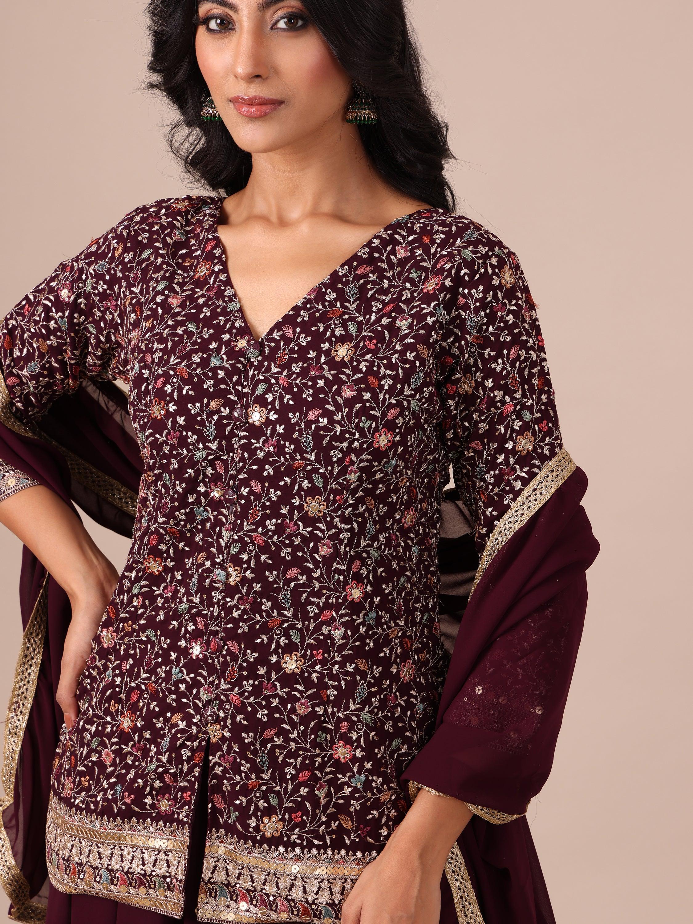 Wine Color Georgette Sharara with Matching Dupatta - House of Surya