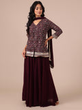Wine Color Georgette Sharara with Matching Dupatta - House of Surya