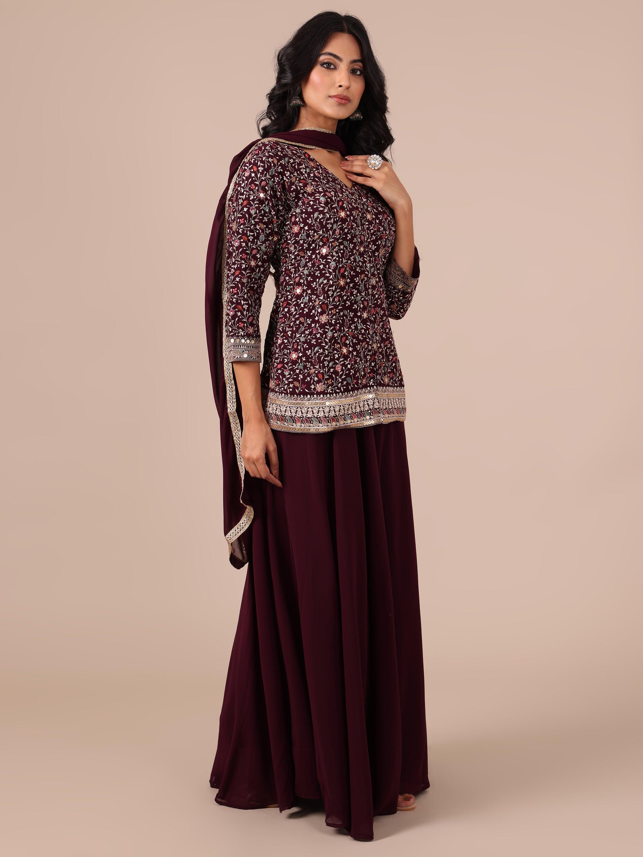 Wine Color Georgette Sharara with Matching Dupatta - House of Surya