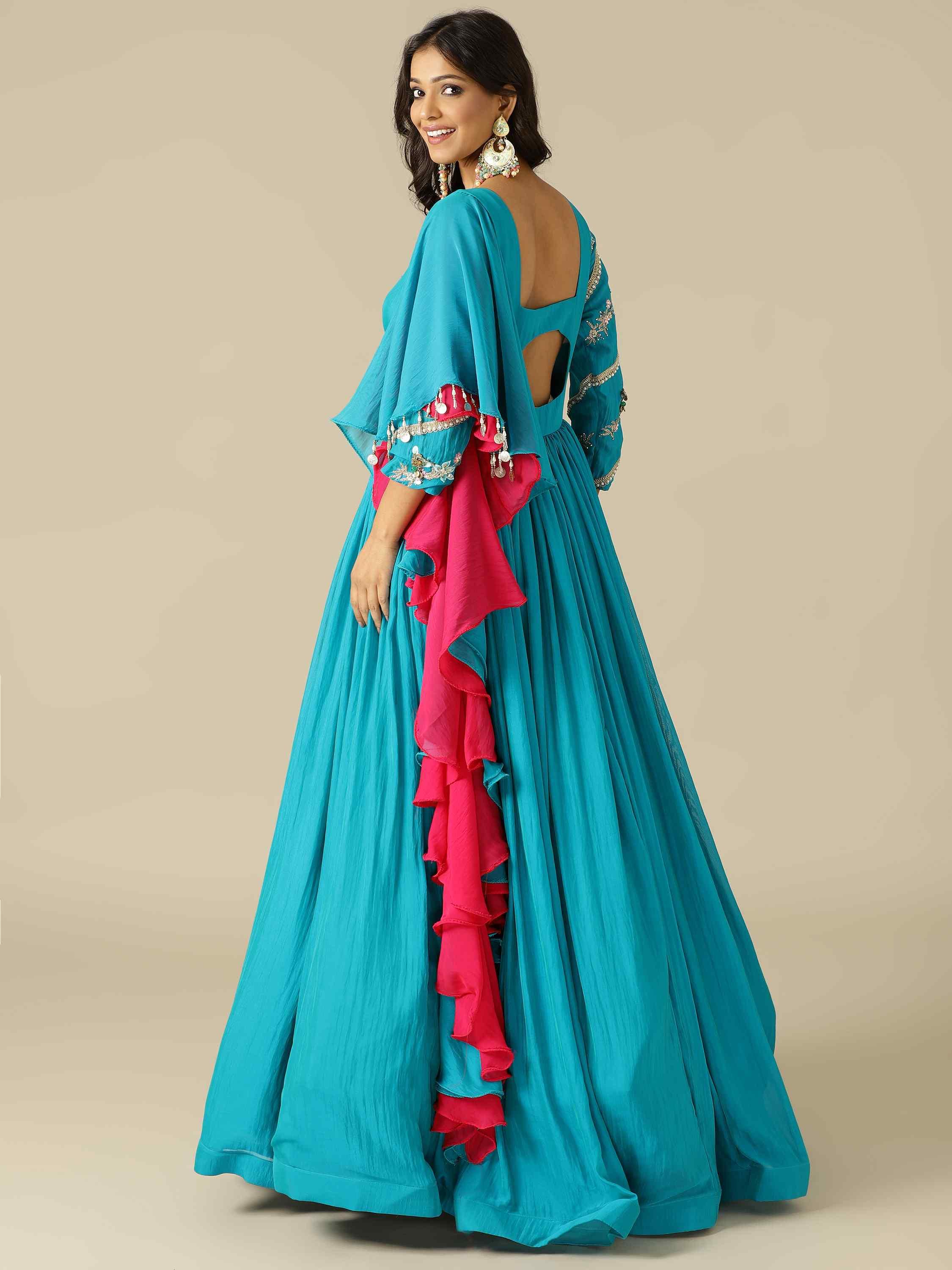 Gown in two-tone georgette fabric with thread, sequins, and cut Dana work - House of Surya