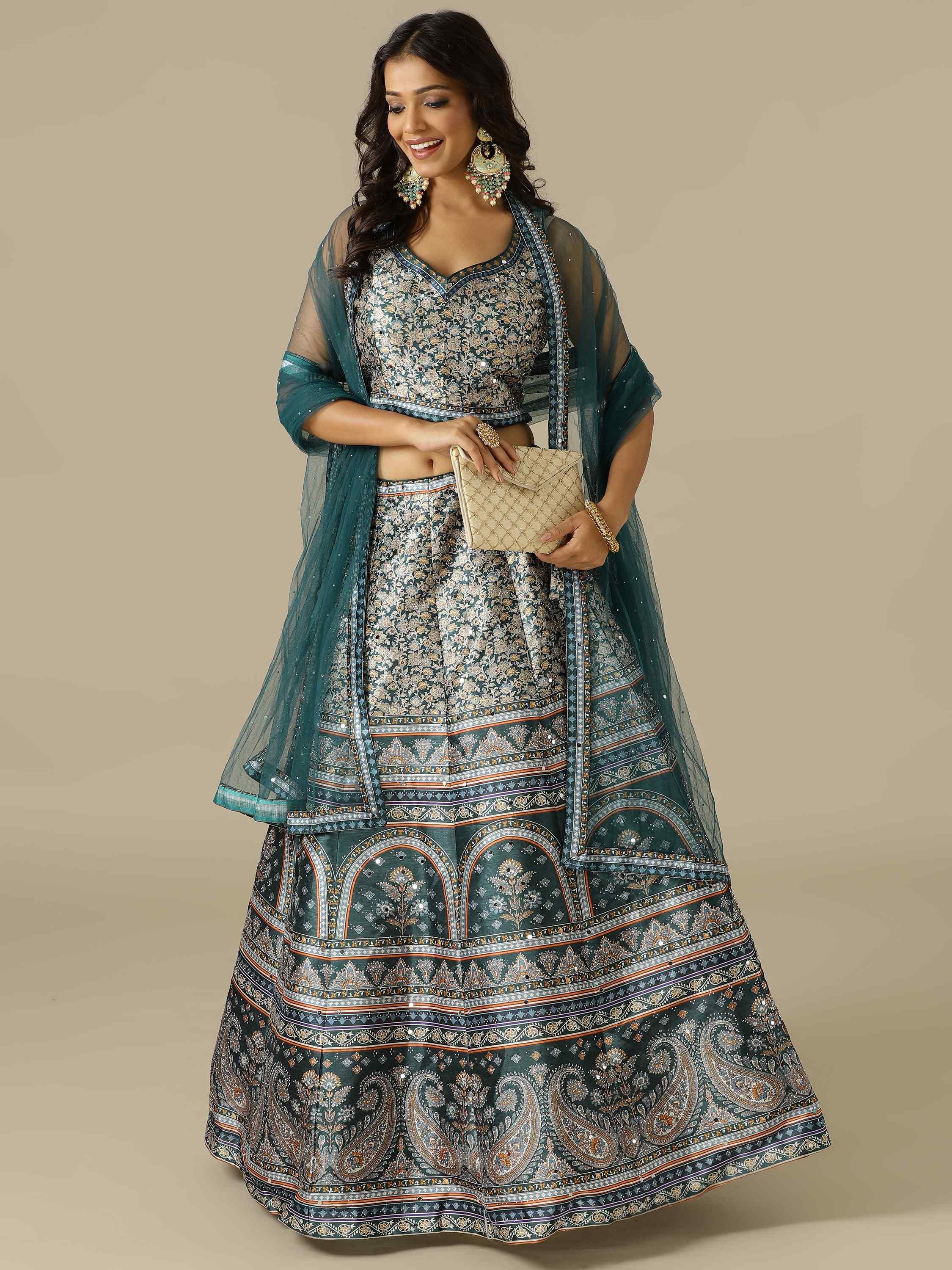 Green Printed Silk Lehenga Choli with Net Dupatta - House of Surya