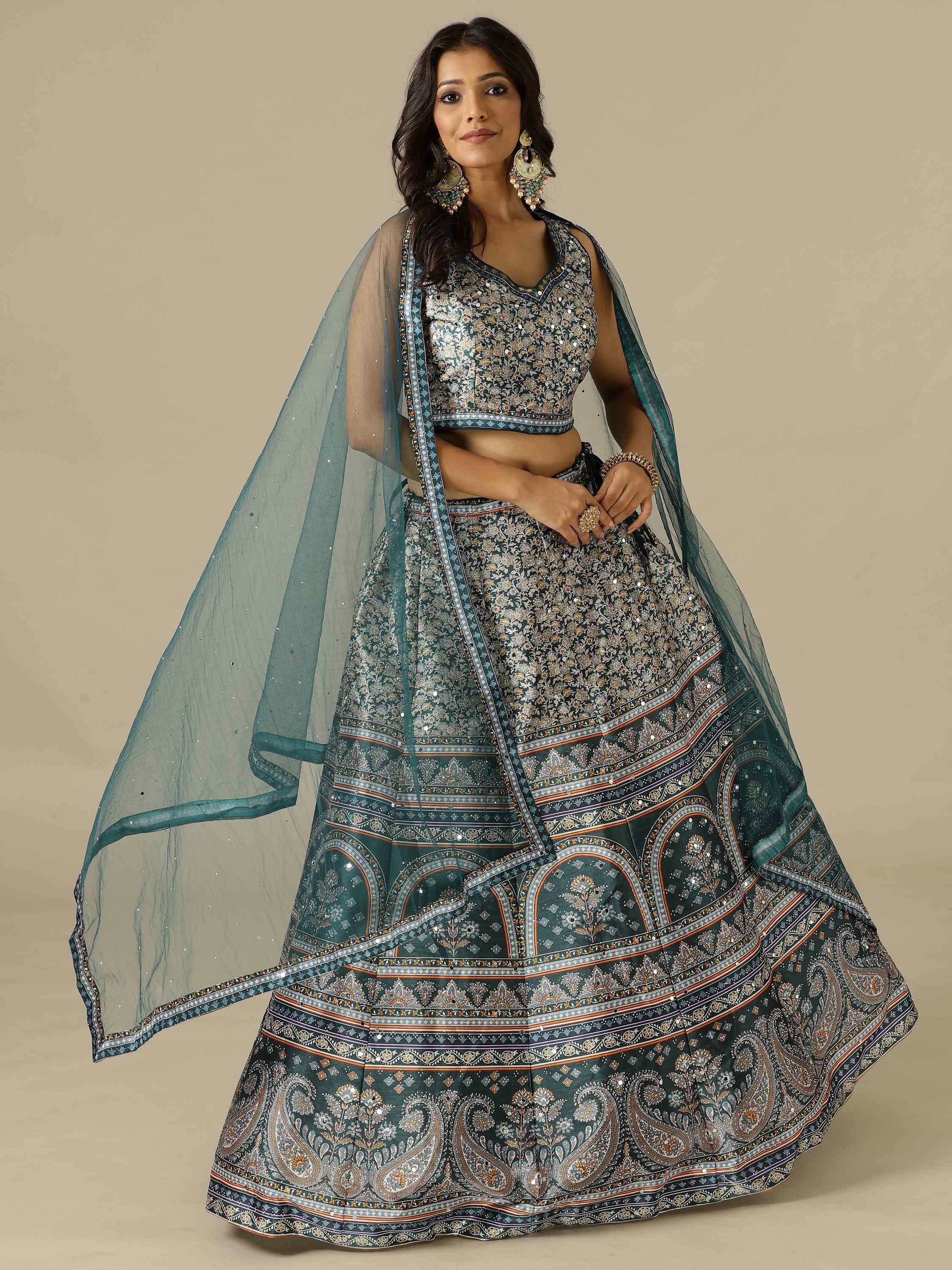 Green Printed Silk Lehenga Choli with Net Dupatta - House of Surya