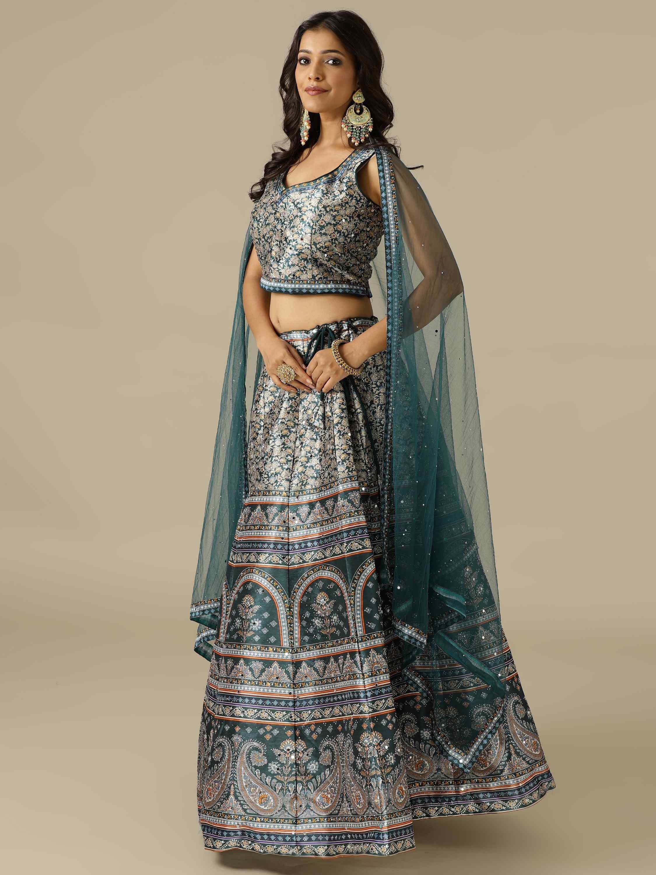 Green Printed Silk Lehenga Choli with Net Dupatta - House of Surya