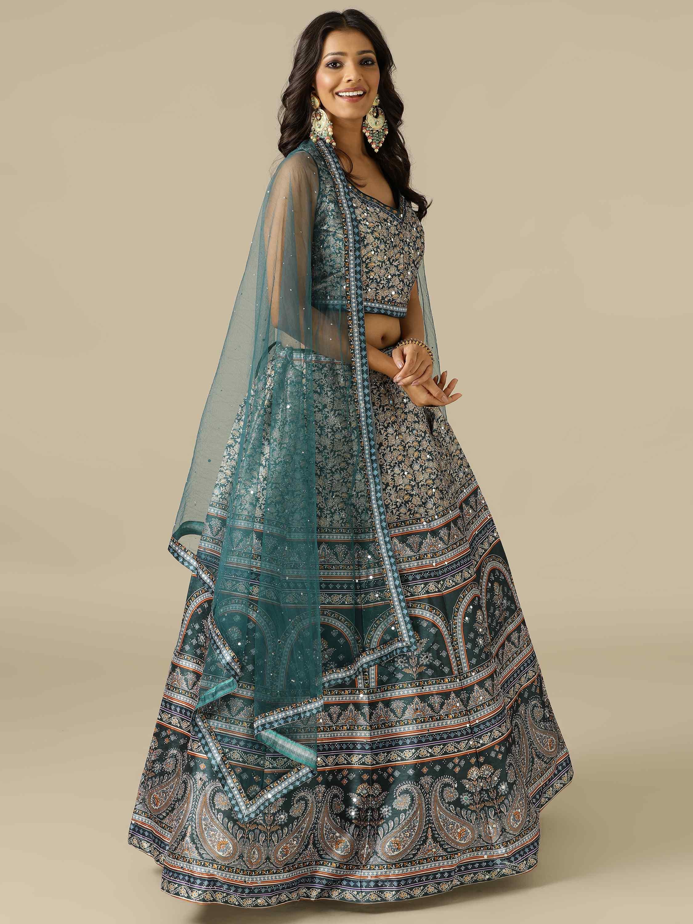 Green Printed Silk Lehenga Choli with Net Dupatta - House of Surya
