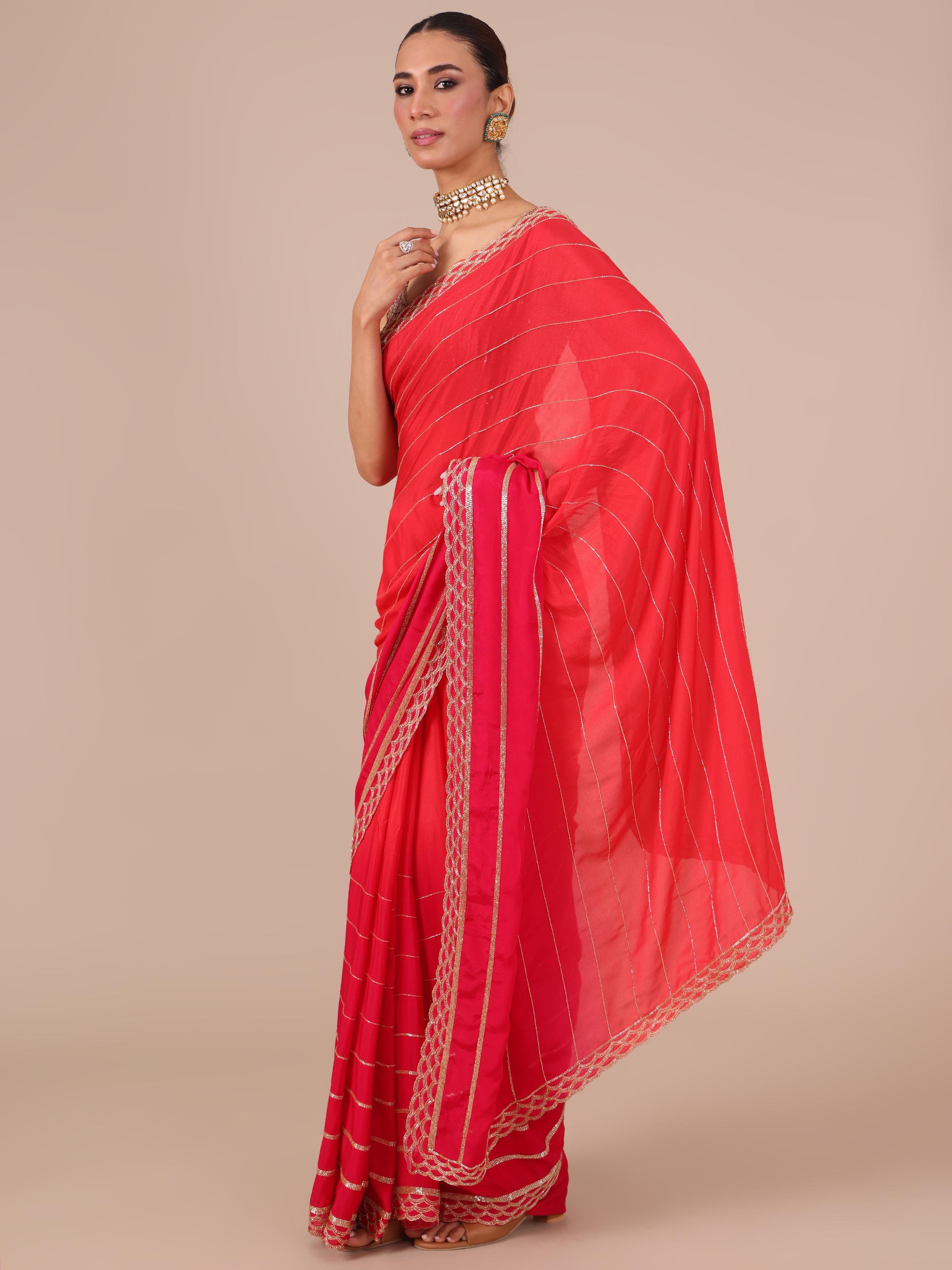 Rani Color Chinon Saree with Matching Unstitched Blouse - House of Surya