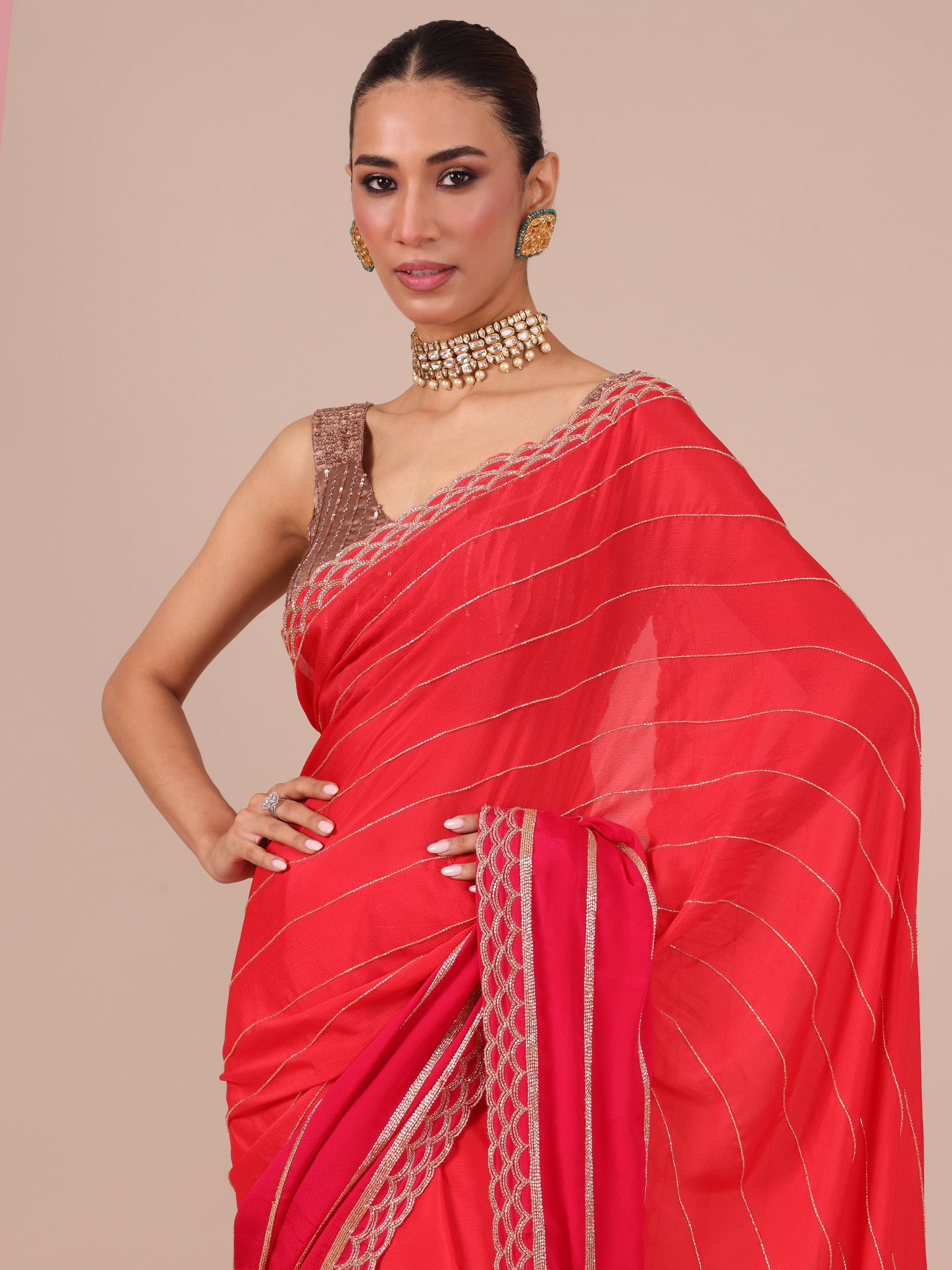 Rani Color Chinon Saree with Matching Unstitched Blouse - House of Surya