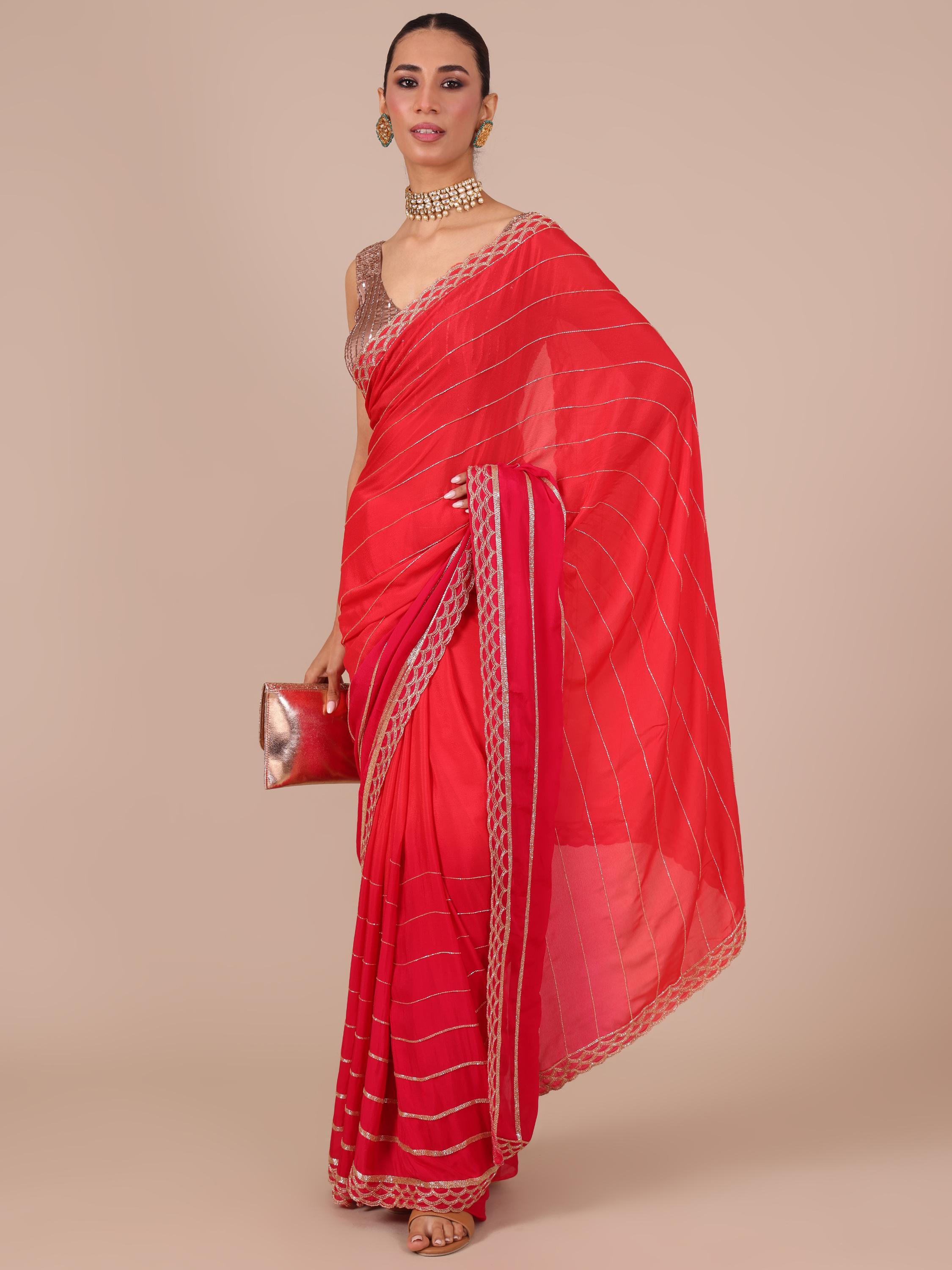 Rani Color Chinon Saree with Matching Unstitched Blouse - House of Surya