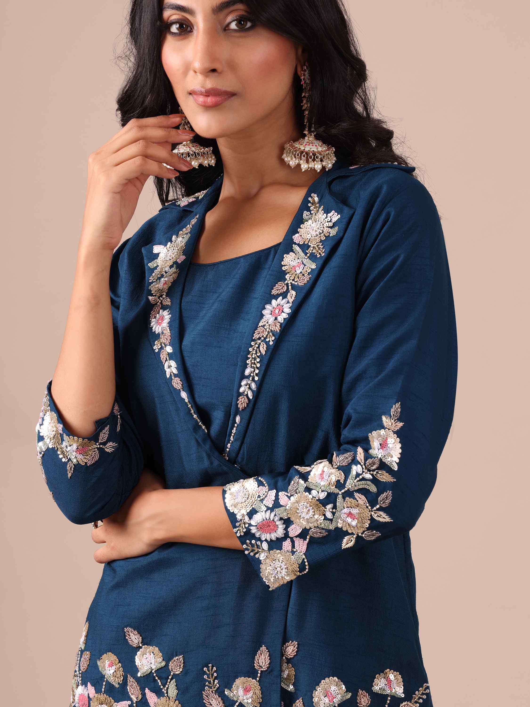 Peacock Blue Silk Co-ord Set With Cutdana, Sequins and Beads Work - House of Surya