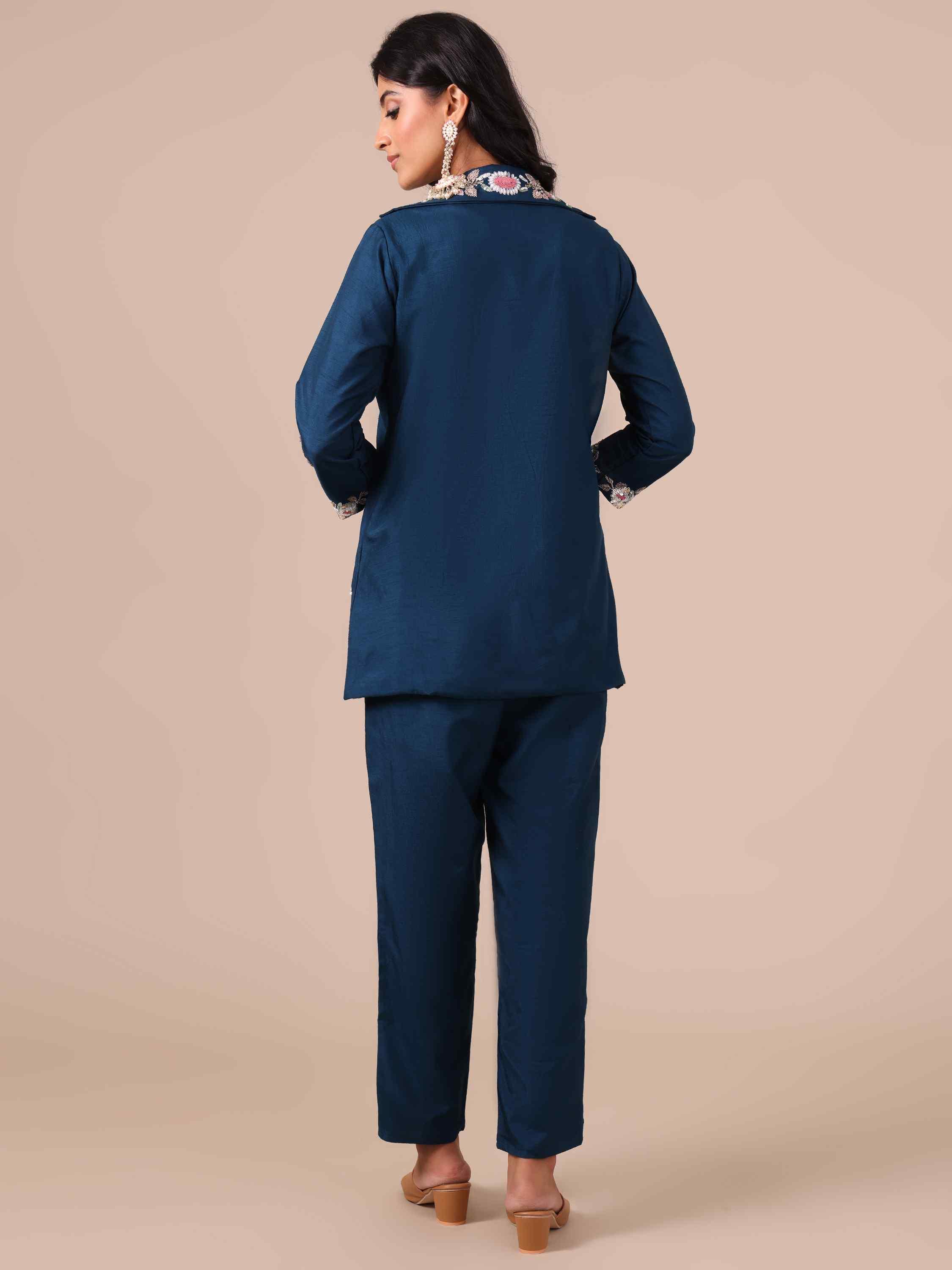 Peacock Blue Silk Co-ord Set With Cutdana, Sequins and Beads Work - House of Surya